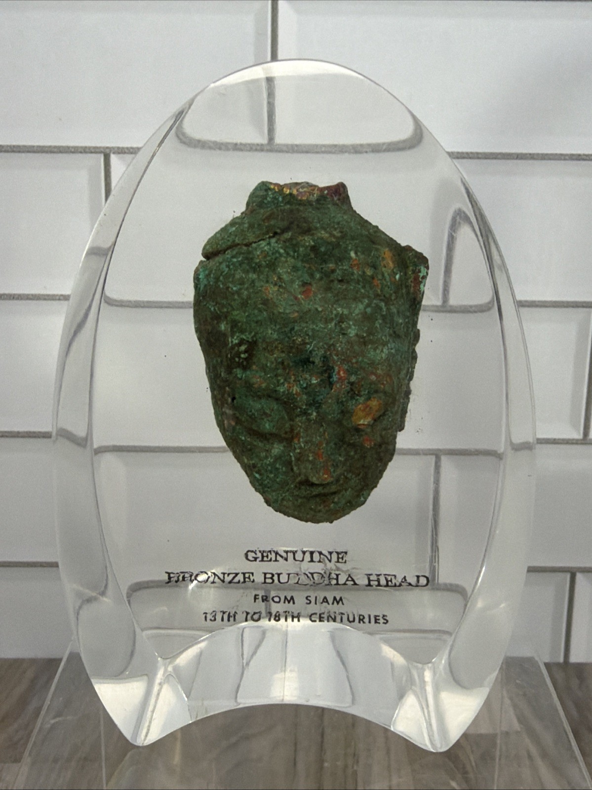 Genuine Bronze Buddha Head From Siam C. 13th-18th Century In Lucite Paperweight