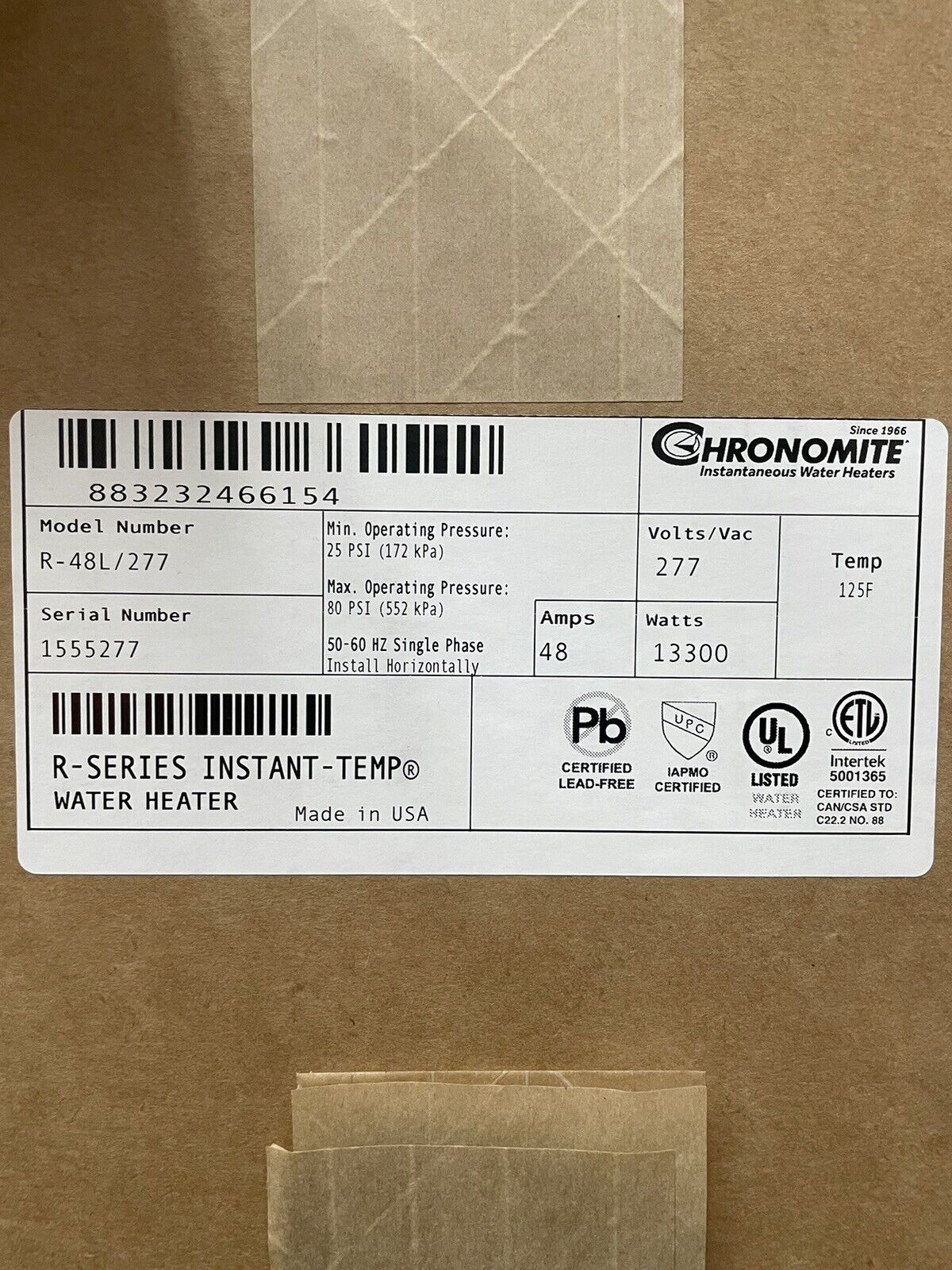 CHRONOMITE LABS R-48L/277 Elect Tankless Water Heater, 48A, 277V, Voltage: 277