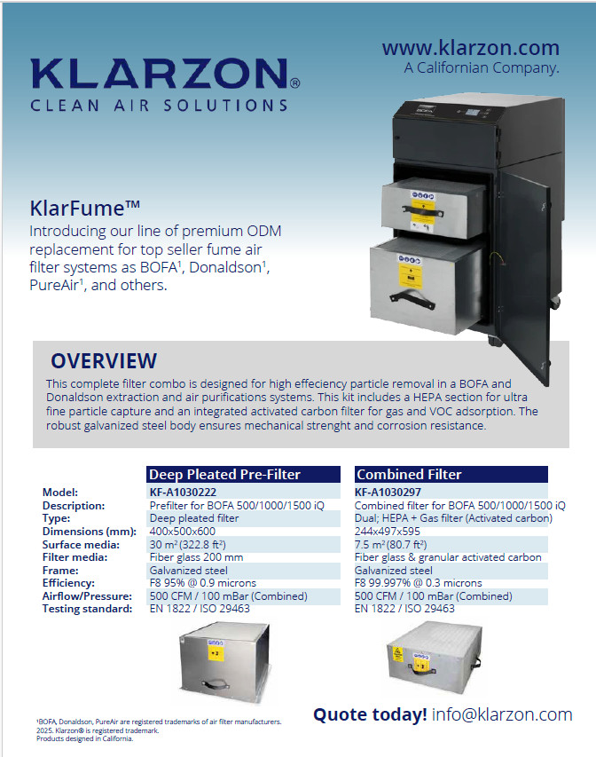 NEW ODM KLARZON® PRE-FILTER FOR OEM BOFA Donaldson AD500 AD100 AD1500 NEW ODM KLARZON® PRE-FILTER FOR OEM BOFA Donaldson AD500 AD100 AD1500