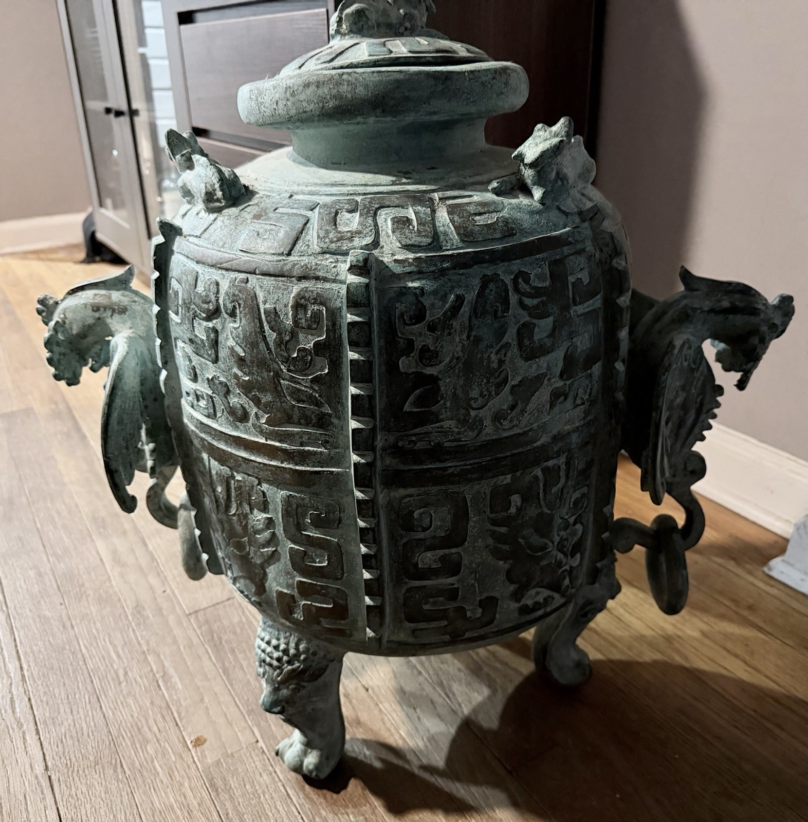 Chinese Patinated Metal Incense Burner Foo Dog Lid Tripod Green/Gray Chinese Patinated Metal Incense Burner Foo Dog Lid Tripod Green/Gray