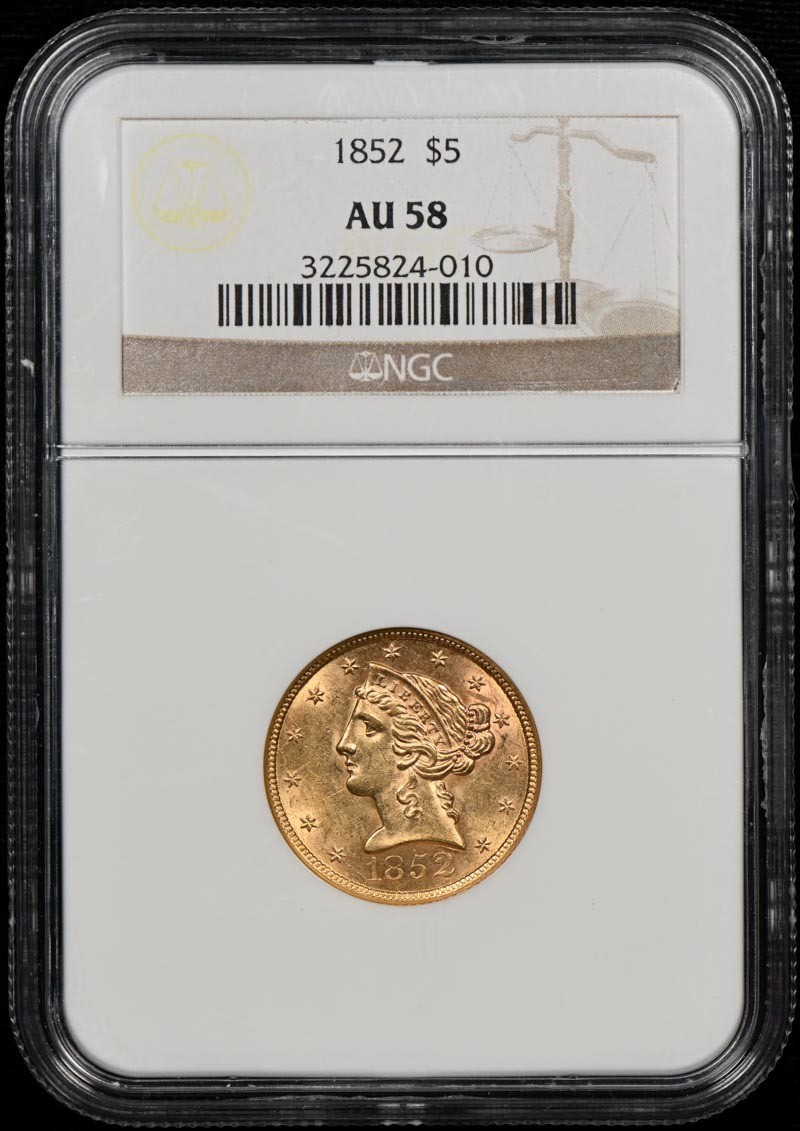 1852 Half Eagle - No Motto $5 NGC AU58