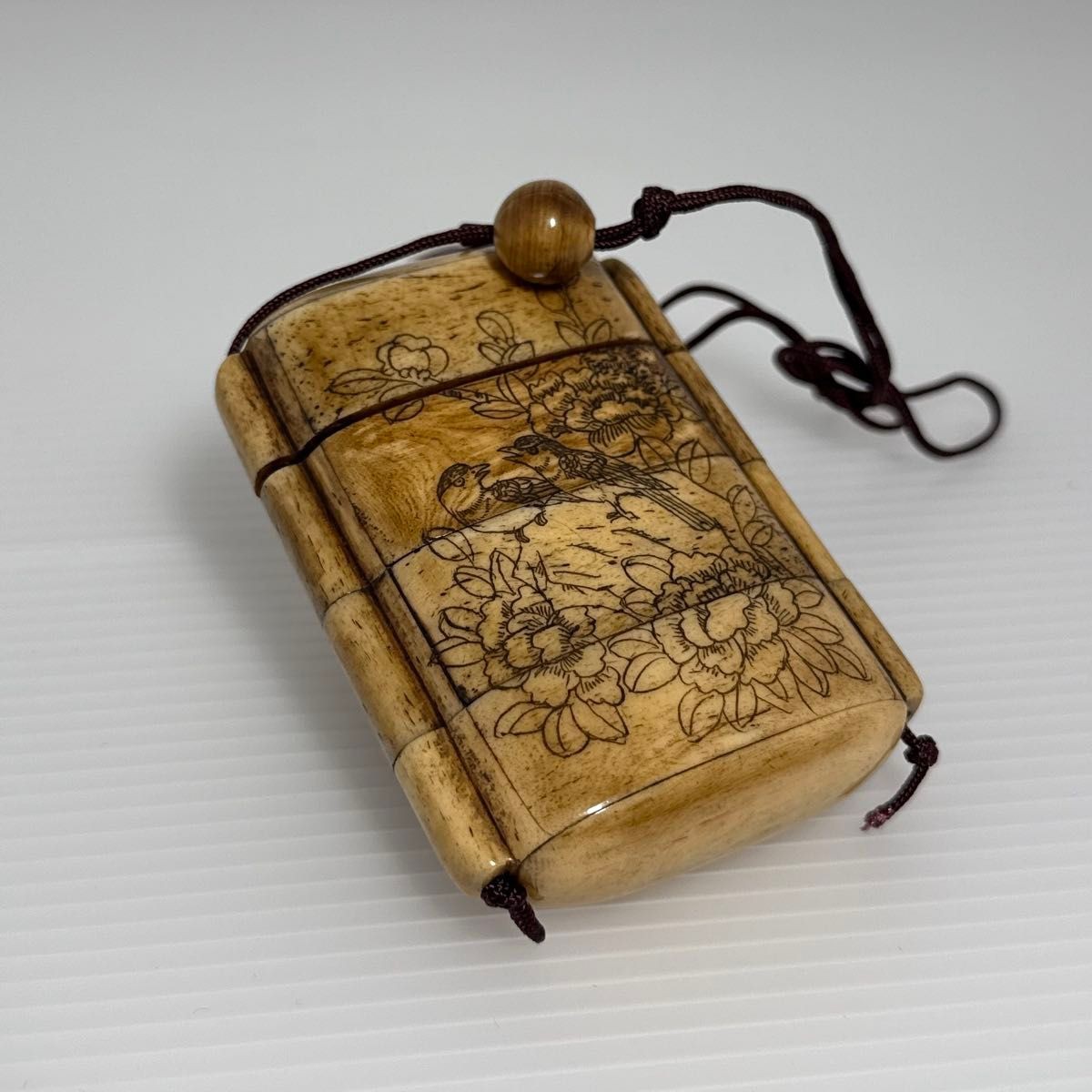 Vintage Japanese Style Wooden Inro Case Handcrafted Floral Bird Figure Design
