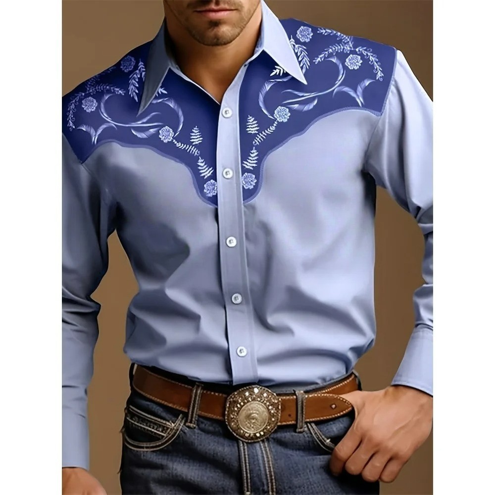 Men\'s Western Cowboy Shirt Long Sleeve Retro Printing Casual Buttons Down Shirt