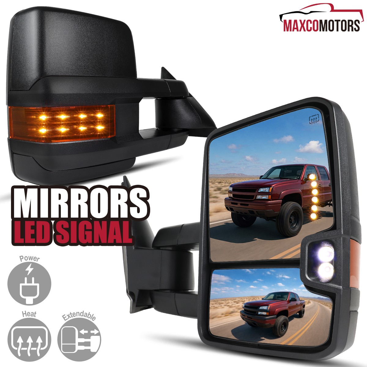 Fits 2003-2007 Chevy Silverado 1500 Power Heated+Amber LED Signal Tow Mirrors Fits 2003-2007 Chevy Silverado 1500 Power Heated+Amber LED Signal Tow Mirrors
