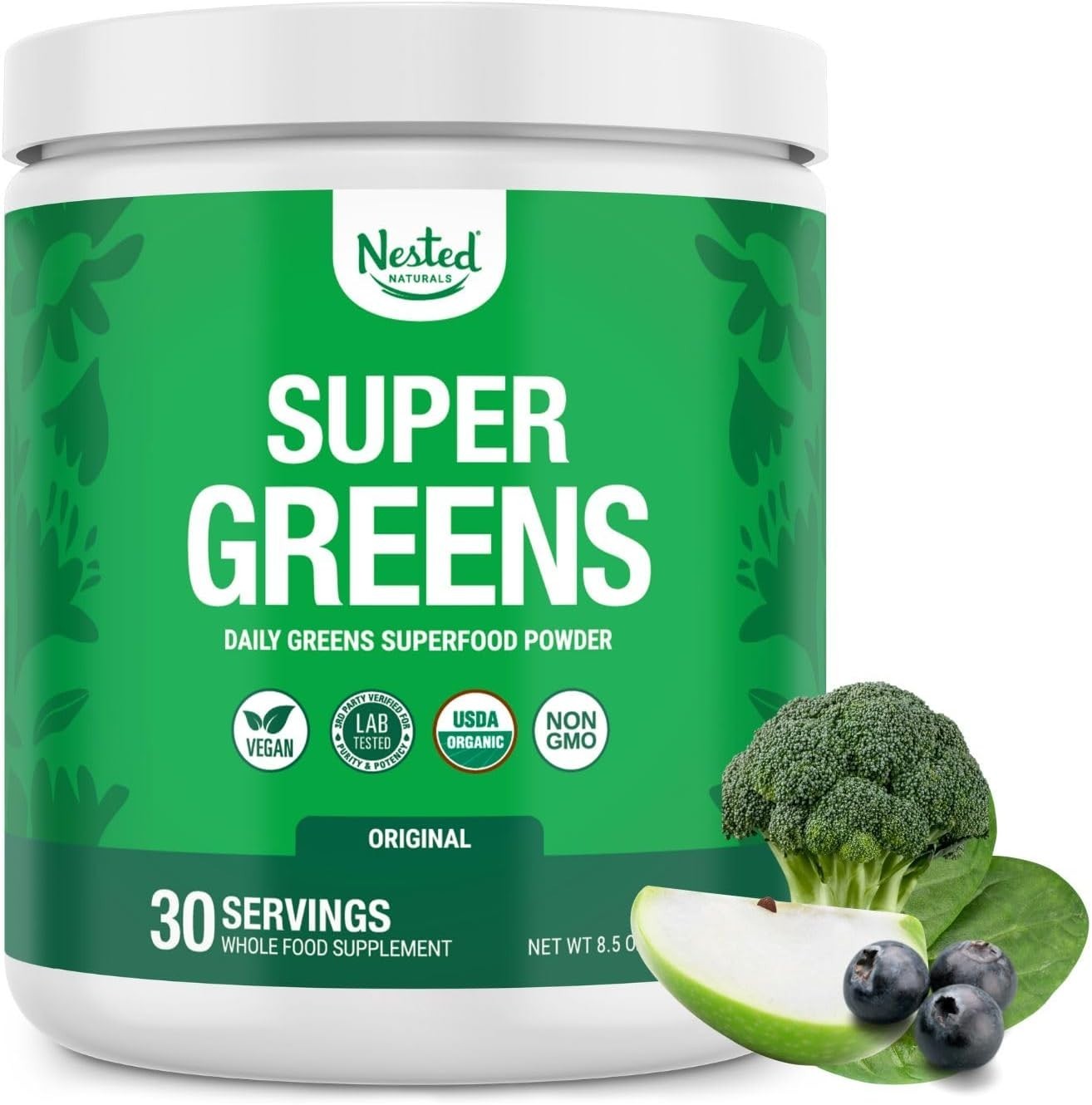 Nested Naturals Super Greens Powder Organic 30 Servings Probiotics Fiber