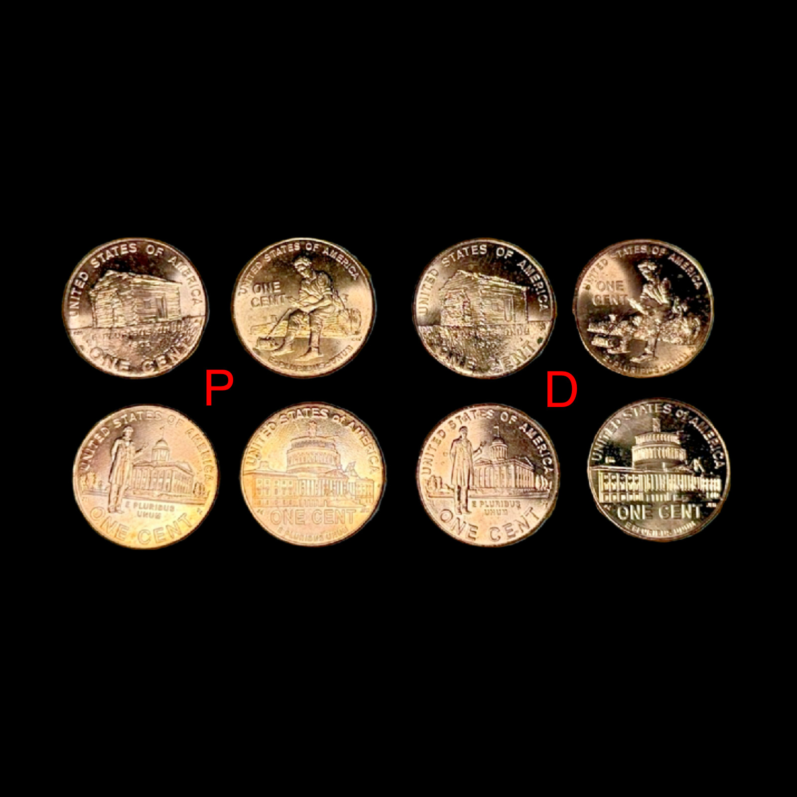 2009 P & D Lincoln Bicentennial Penny Set All 8 Coins Brilliant Uncirculated BU