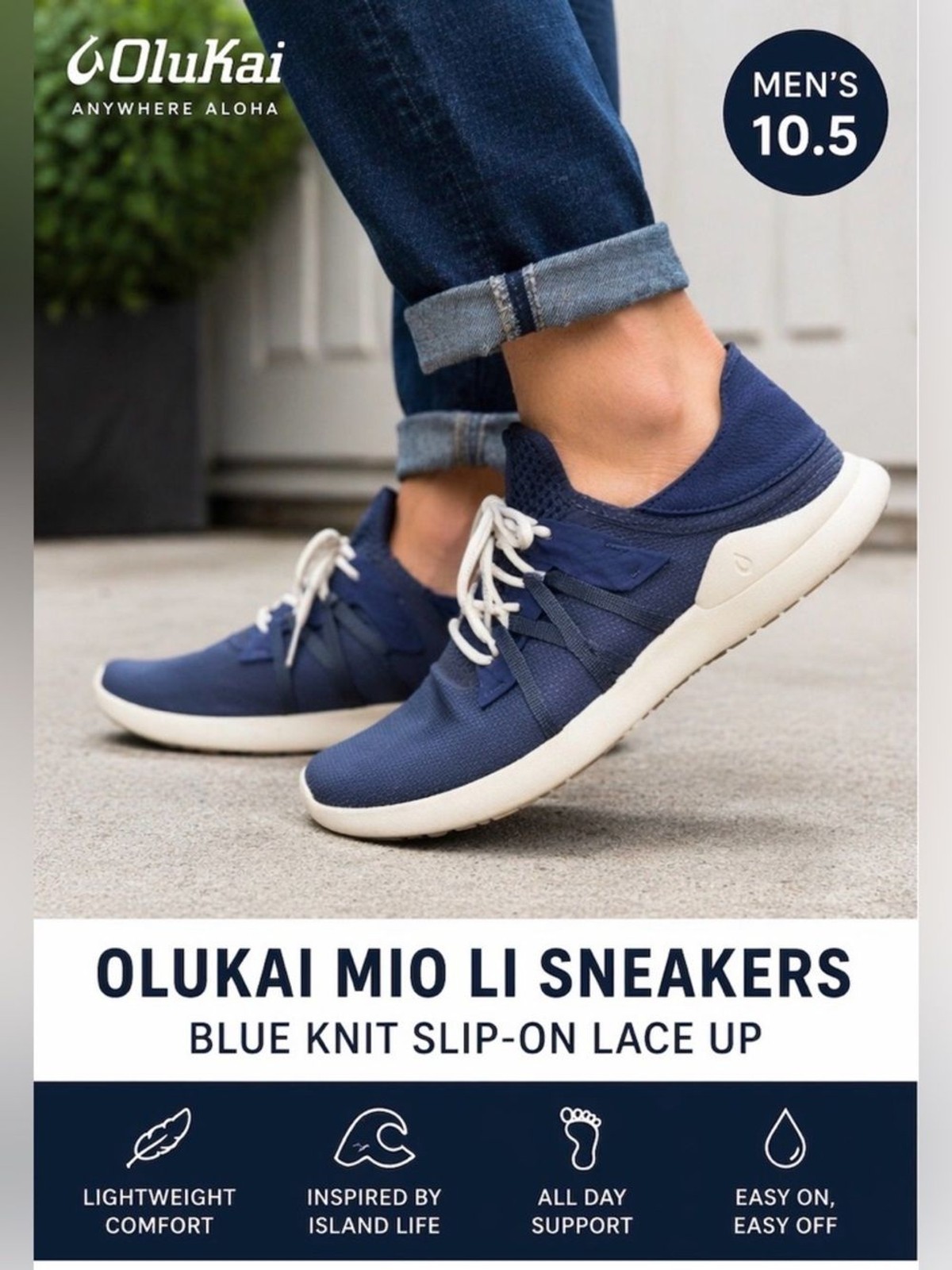 OluKai Mio Li Sneakers Blue Knit Slip-On Lace Up Men’s 10.5 Casual Comfort