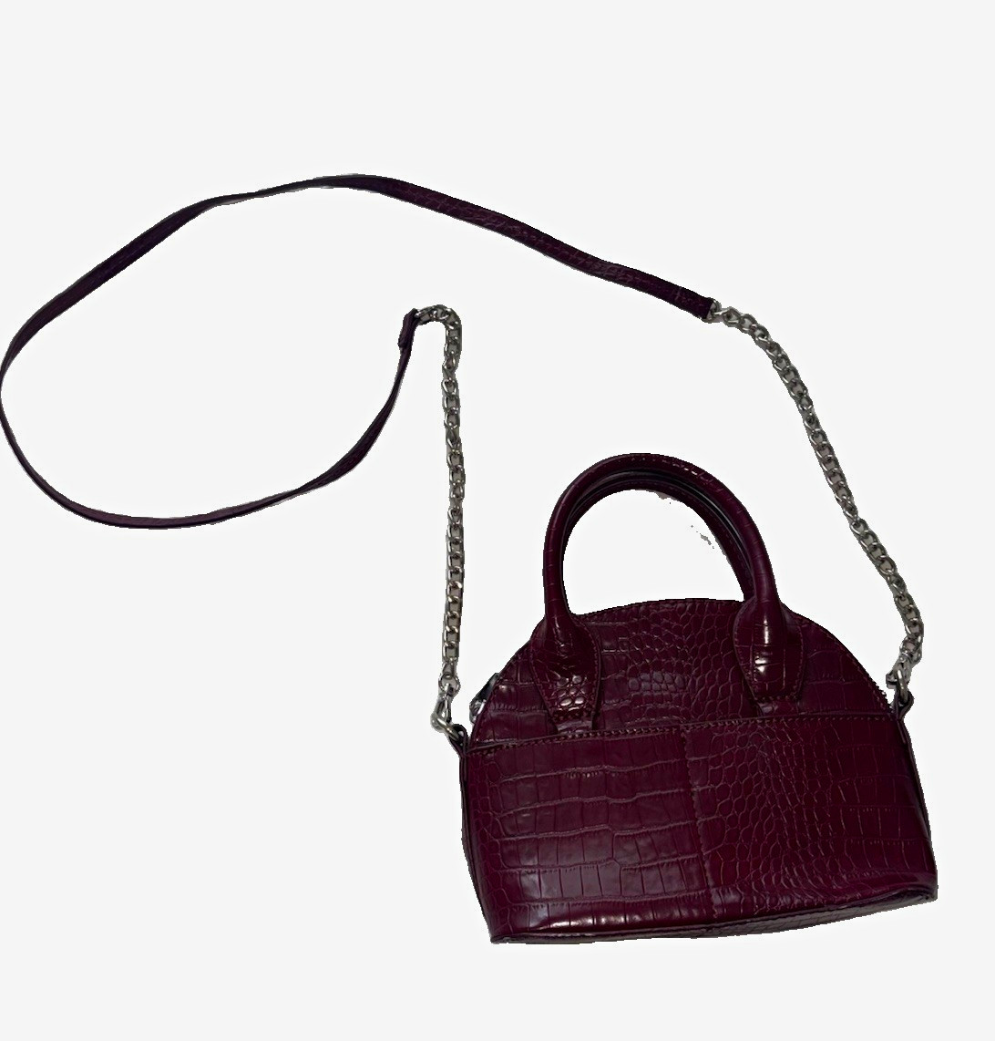 Zara Burgundy Croc-Embossed Mini Satchel Top Handle Zip Crossbody, Silver Zara Burgundy Croc-Embossed Mini Satchel Top Handle Zip Crossbody, Silver