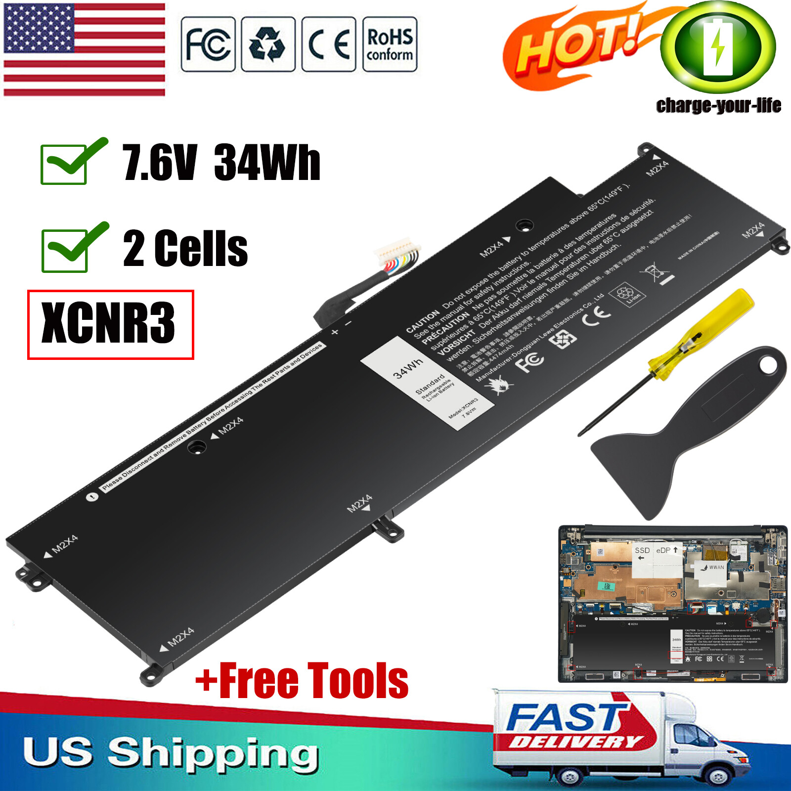 XCNR3 Battery for Dell Latitude 13 7370 E7370 Series Type WY7CG MH25J P63NY NEW