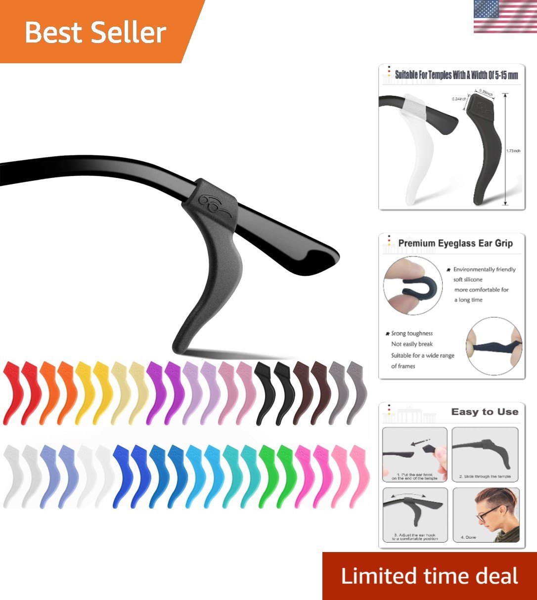 20 Pairs of Multicolor Silicone Eyeglass Ear Grips - Secure & Comfortable Fit