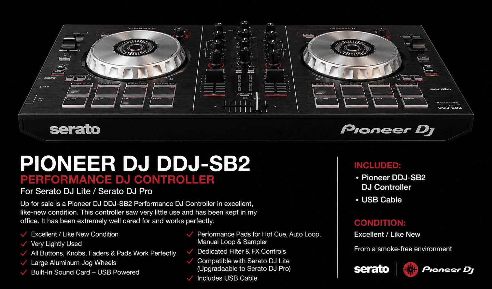 Pioneer DDJ-SB2 Performance DJ Controller for Serato w/ USB Cable Excellent