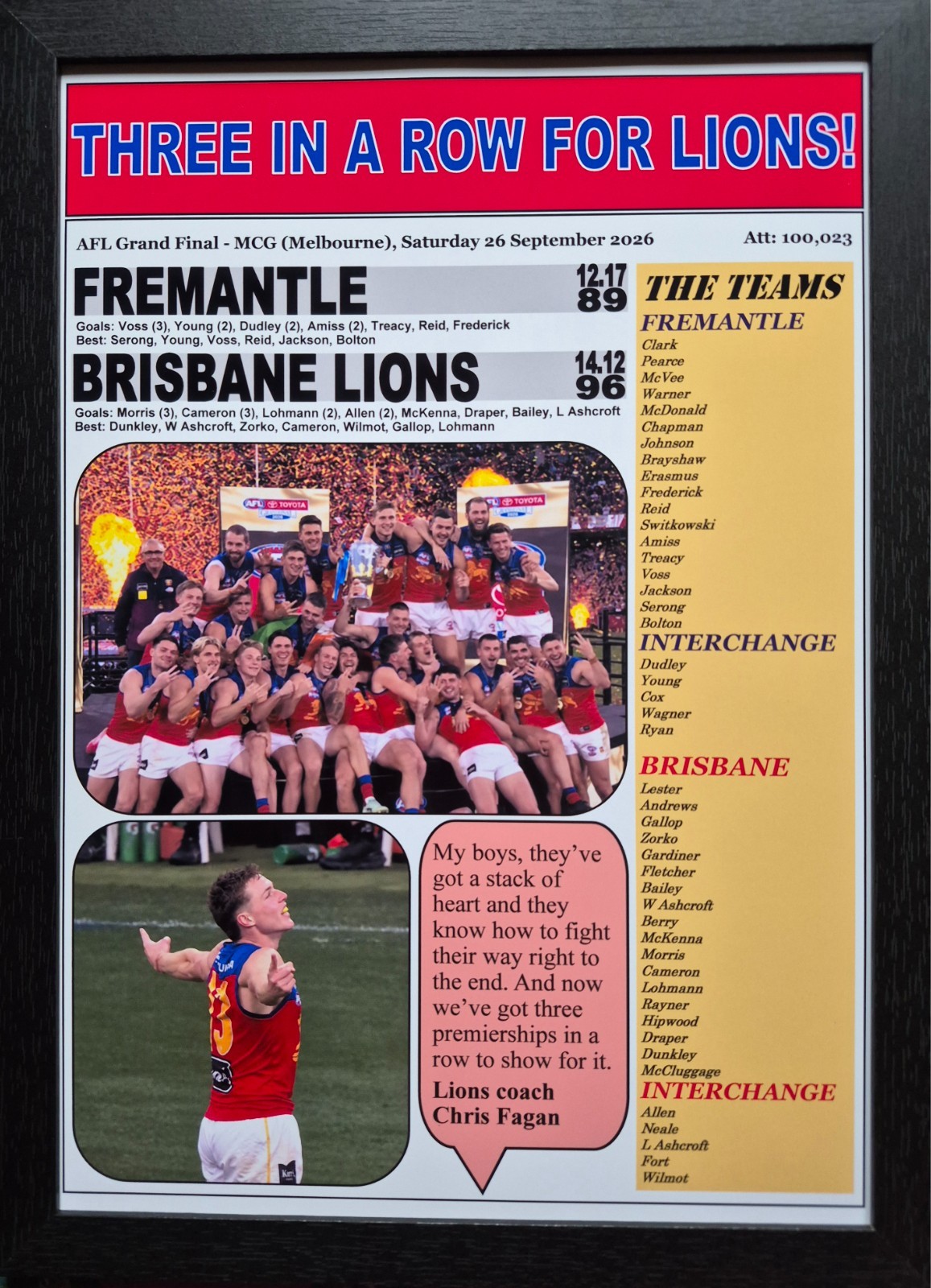 Brisbane Lions 96-89 Fremantle 2026 AFL Grand Final Champions Souvenir Print