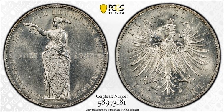 1862 Germany Frankfurt Shooting 1 Thaler PCGS MS63 Lot#G4109 Silver Choice UNC 1862 Germany Frankfurt Shooting 1 Thaler PCGS MS63 Lot#G4109 Silver Choice UNC