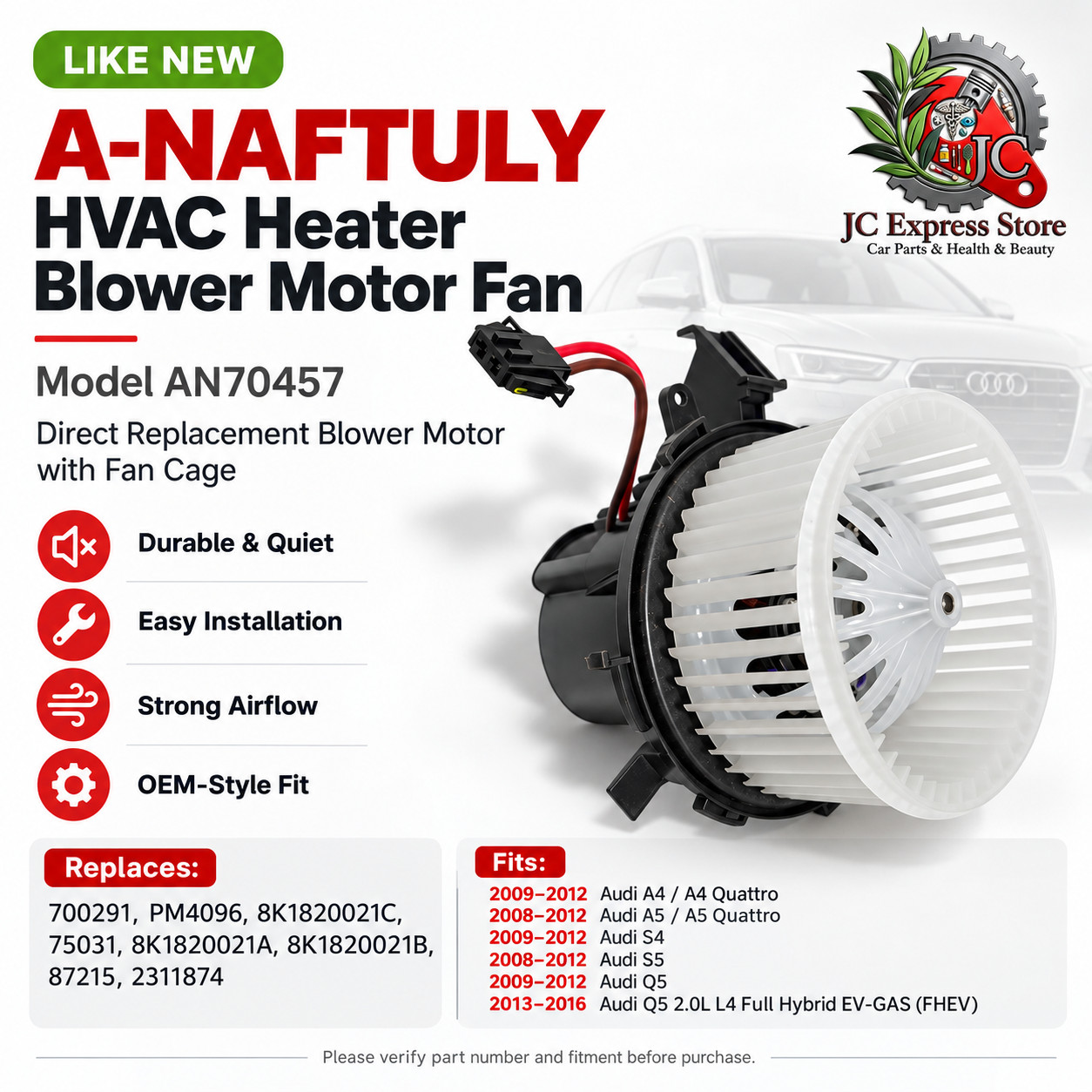 A-NAFTULY AN70457 HVAC BLOWER MOTOR HEATER & A/C FAN CAGE INCLUDED
