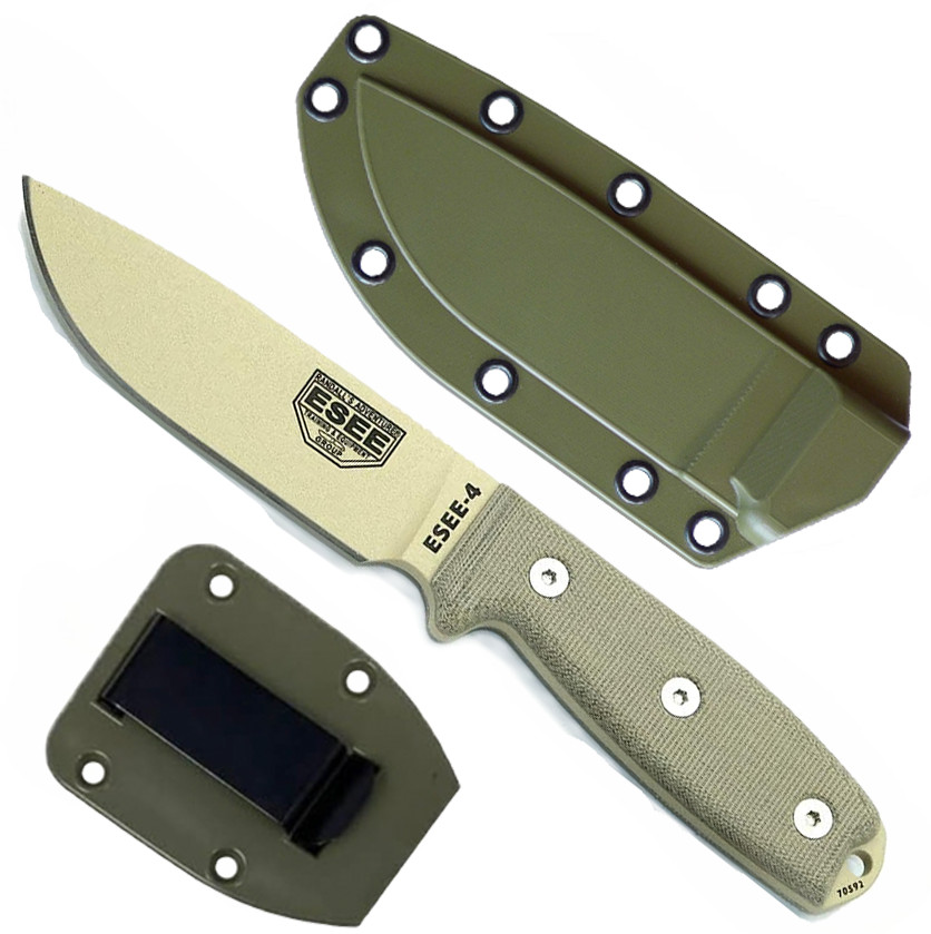 ESEE 4 4.5in 1095 Desert Tan Fixed Blade Micarta USA Coyote Sheath ESEE-4P-DT