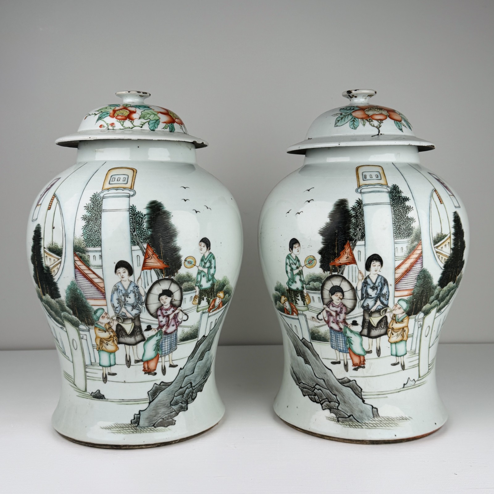 Pair Antique Chinese Republic Period Famille Rose Temple Jars Calligraphy 16