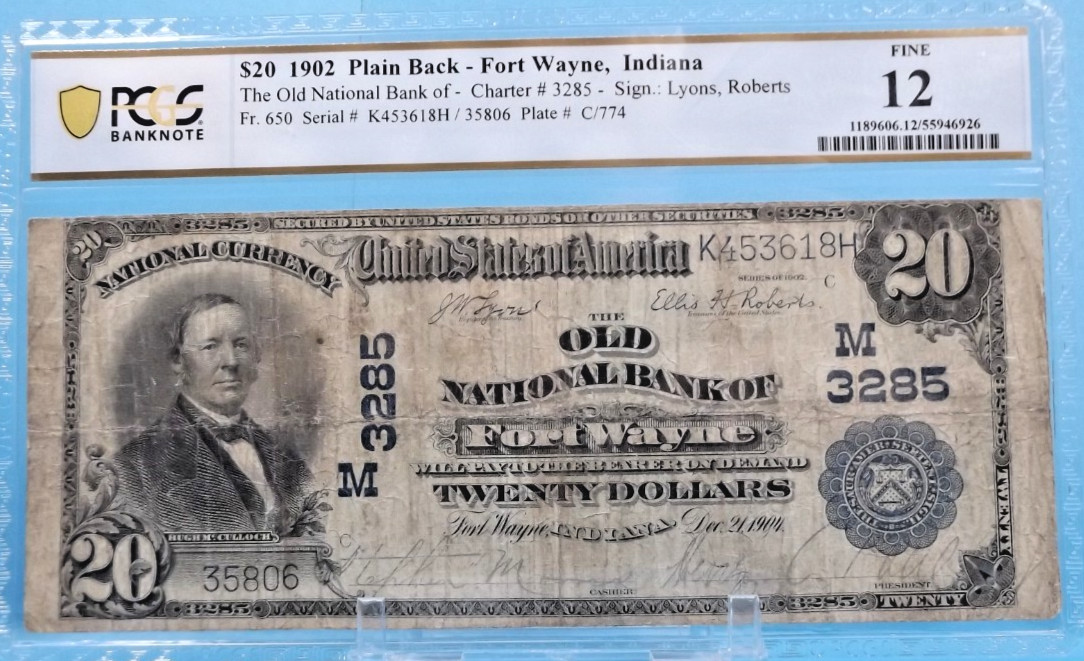 1902 PCGS 12 $20 National Currency - Fr#650 - Fort Wayne 3285 IN - Lyons/Roberts