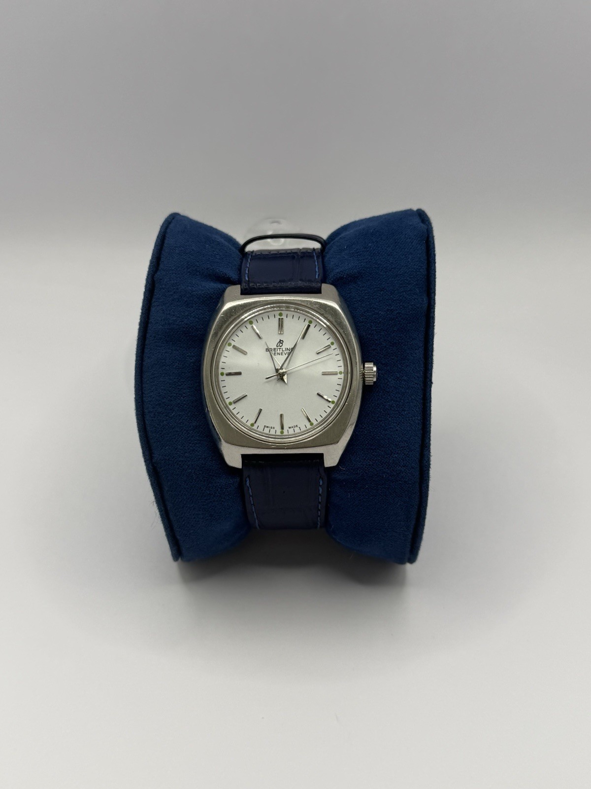 Breitling Geneve Men's Vintage Manual Wind Silver Dial 35mm Steel Blue Leather