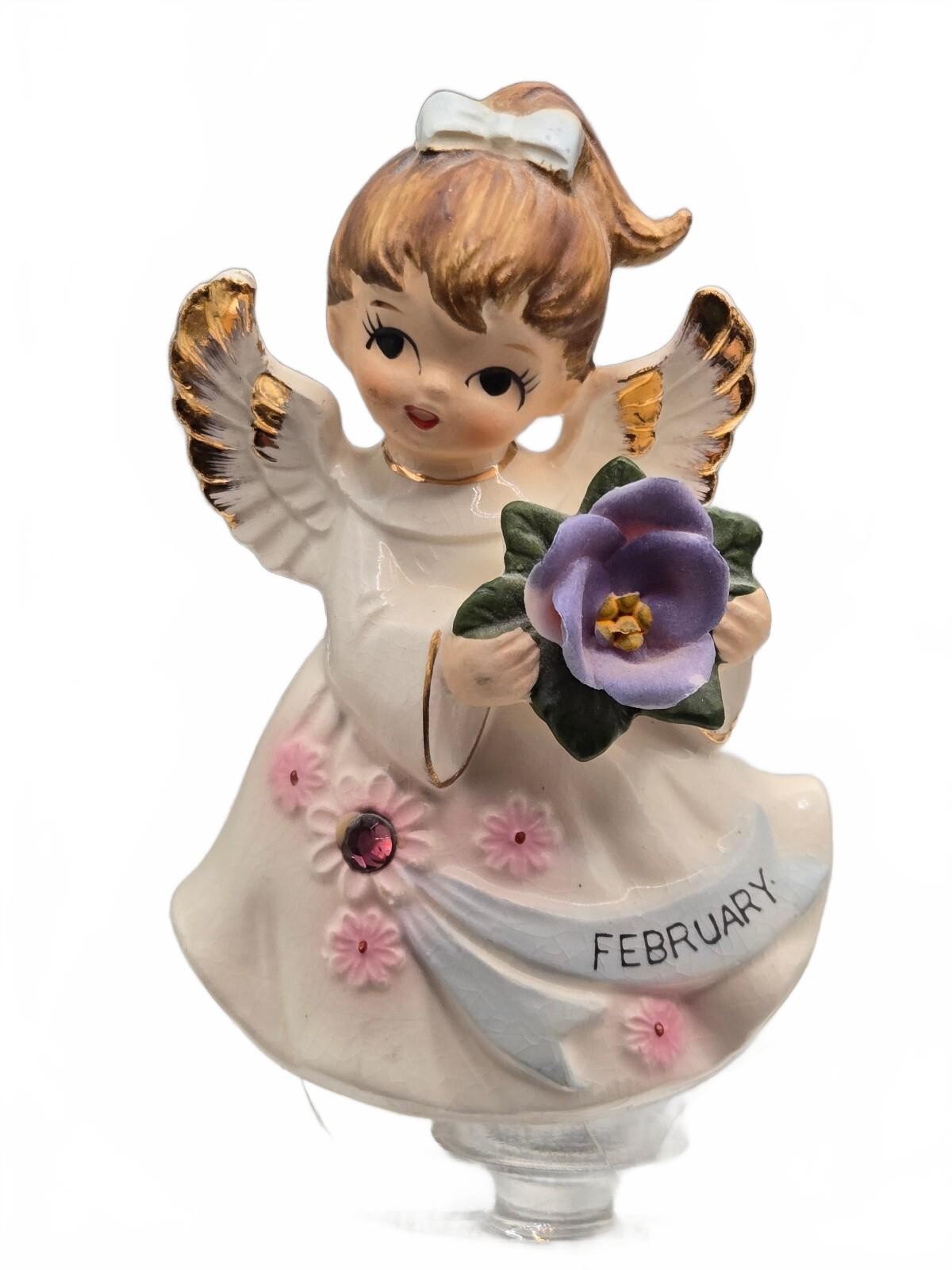 Vintage February Angel Figurine with Purple Flower and Gold Accents Vintage February Angel Figurine with Purple Flower and Gold Accents