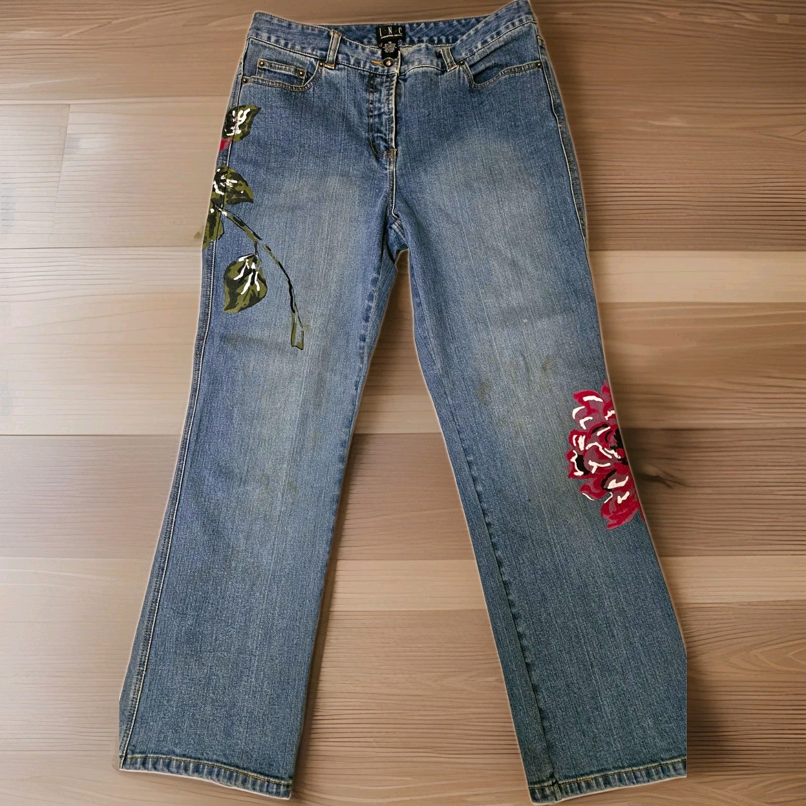 INC International Concept Women\'s Size10HandPainte FloralDenim StraightLegJeans INC International Concept Women\'s Size10HandPainte FloralDenim StraightLegJeans