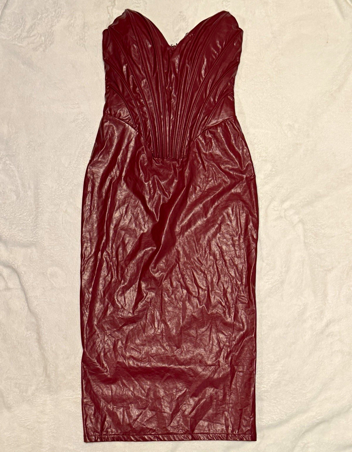 Fashion Nova Burgundy Faux Leather Sweetheart Strapless Bodycon Midi Dress S Fashion Nova Burgundy Faux Leather Sweetheart Strapless Bodycon Midi Dress S