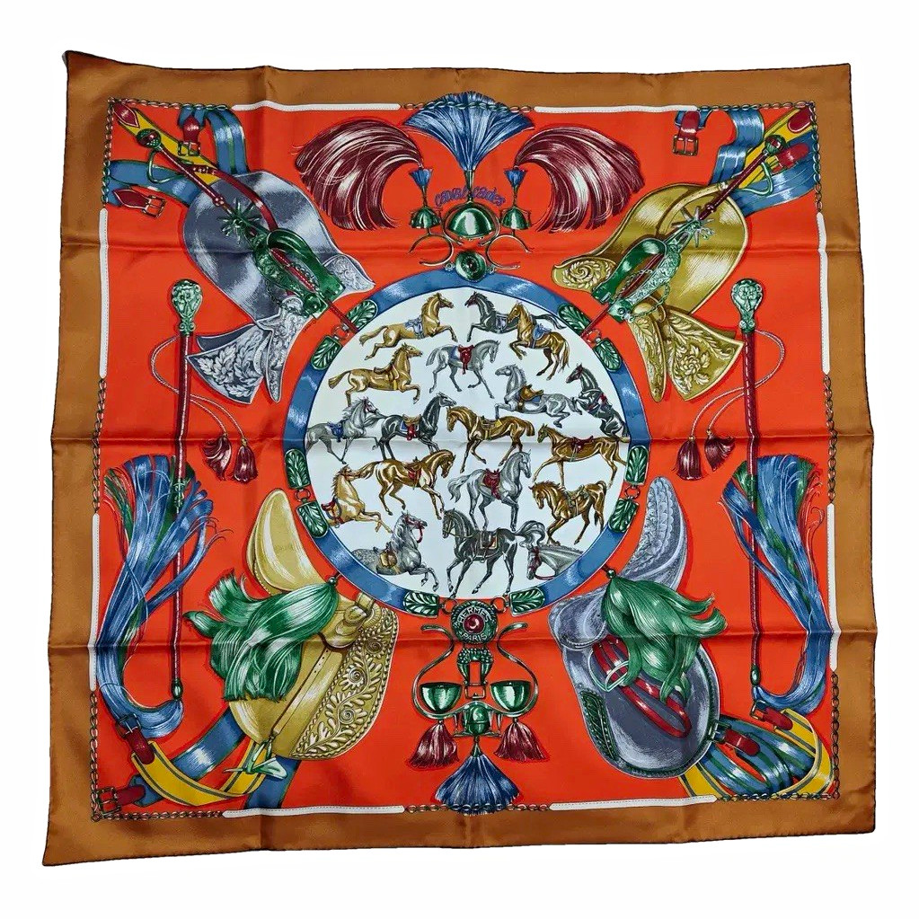 HERMÈS Paris Silk Twill Square Scarf Orange Multicolor Equestrian Horse Print HERMÈS Paris Silk Twill Square Scarf Orange Multicolor Equestrian Horse Print