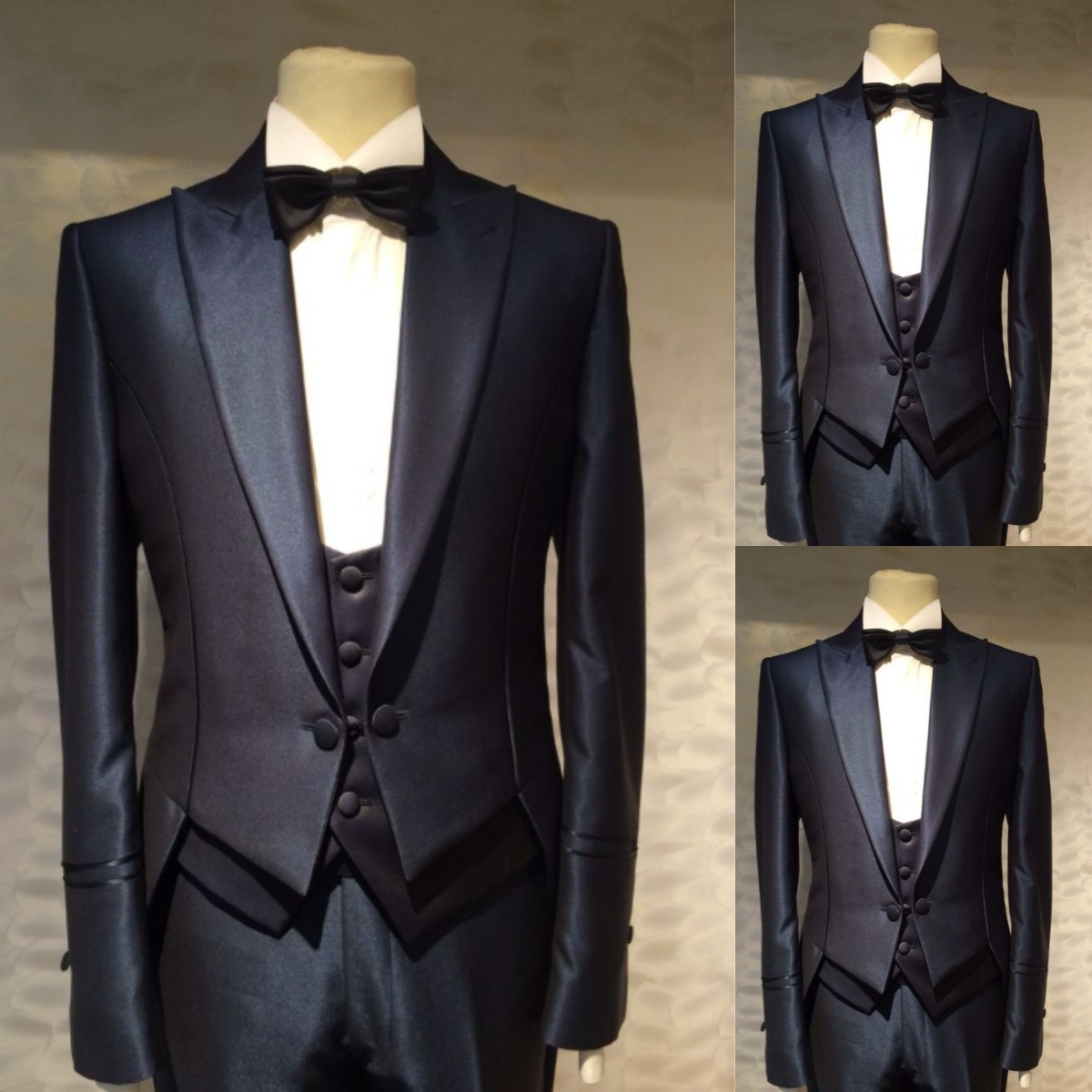 Black Satin Men Suits With Tail Prom Tuxedo Peak Lapel Formal Wear Wedding Groom