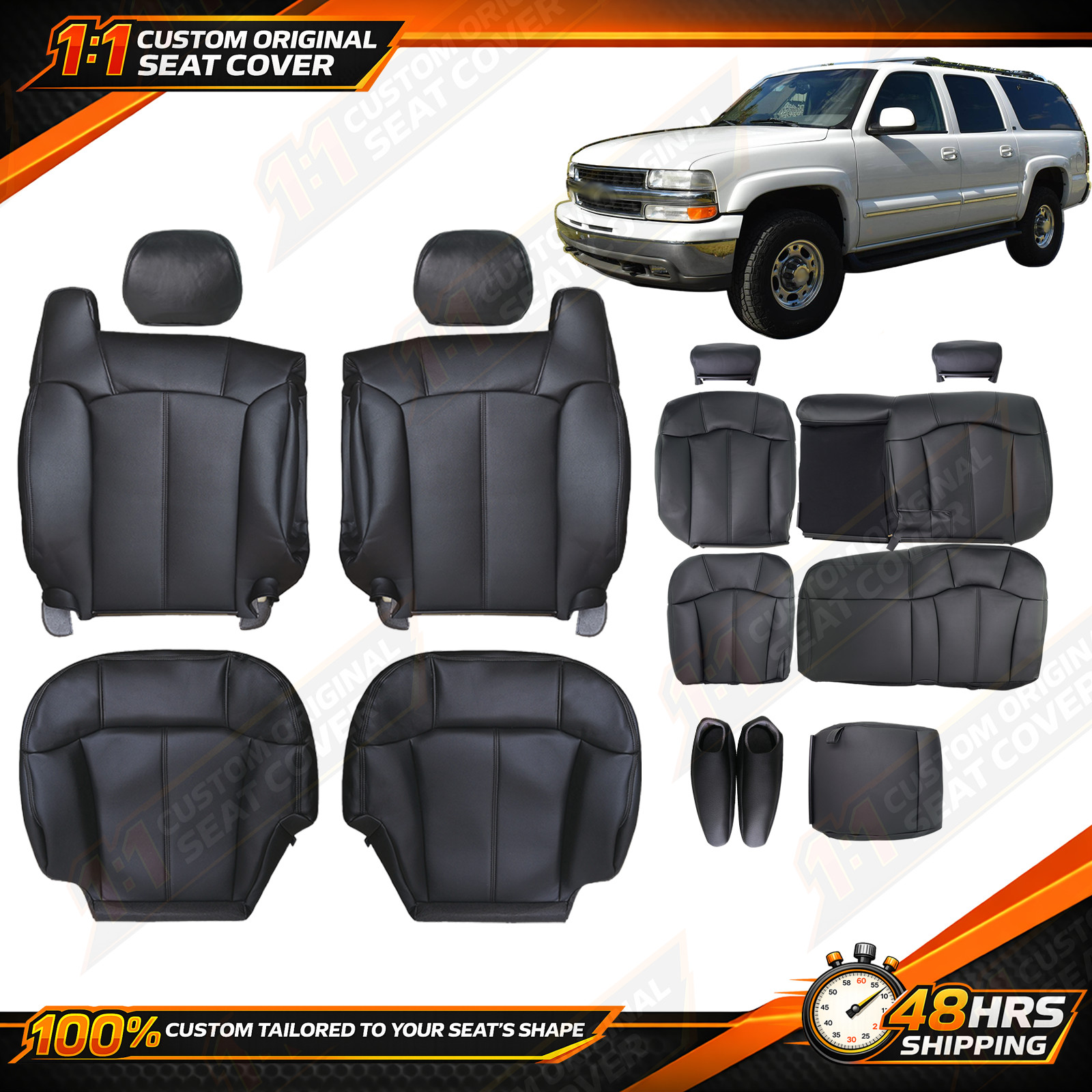 For 1999-2002 Chevy Tahoe Suburban Front Row & Rear Row Leather Seat Cover BLACK