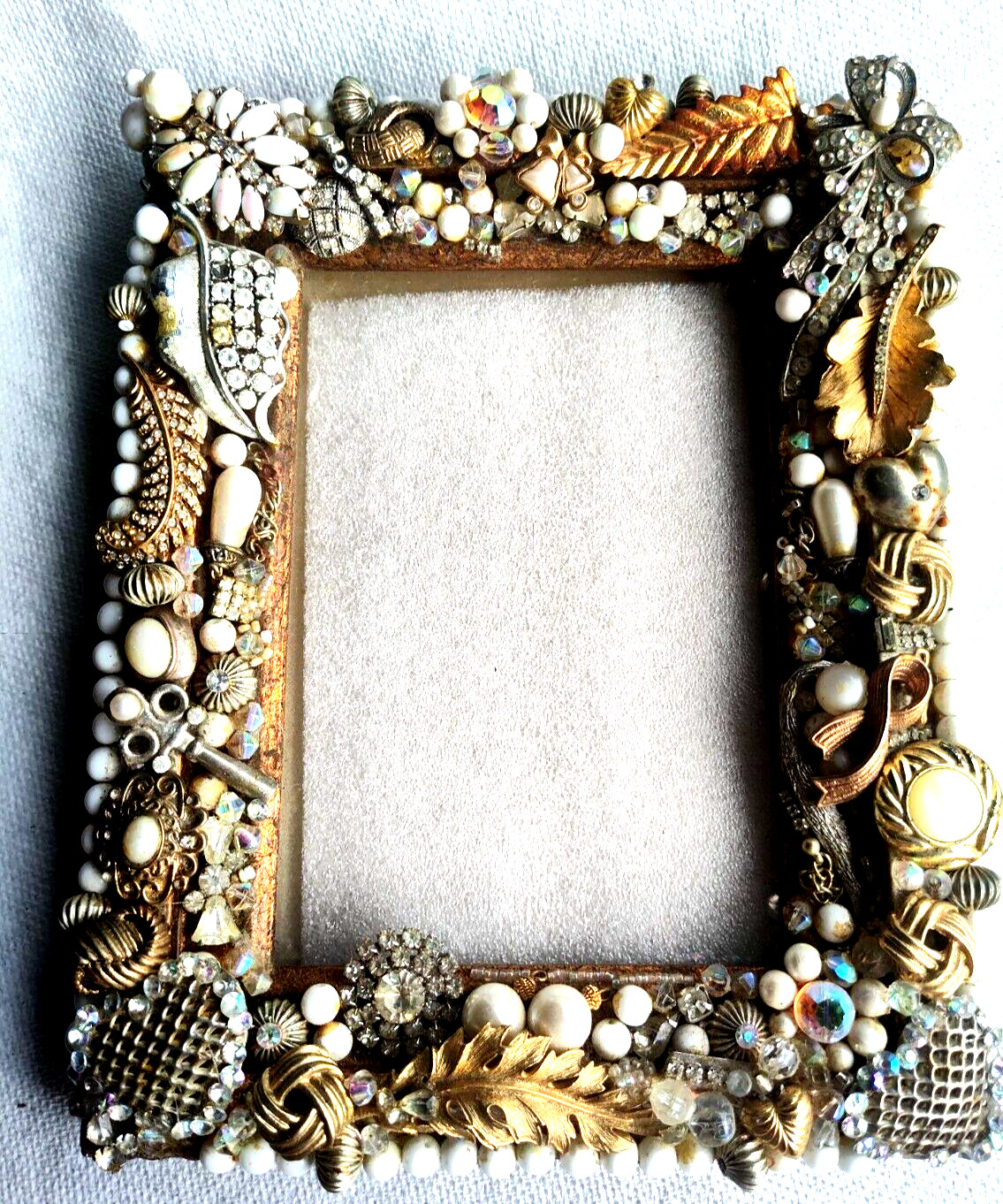 Costume Jewelry Encrusted Border Art Photo Frame Tabletop Easel or Wall Hang 5X7