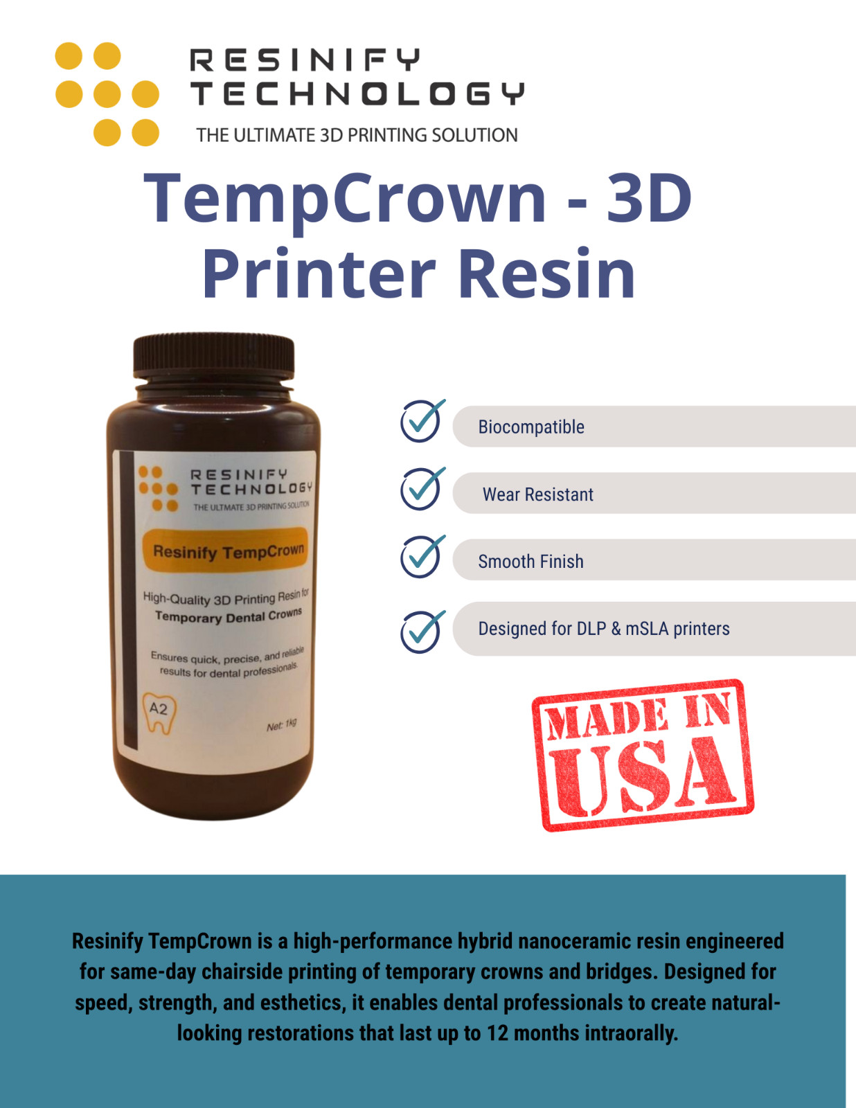Resinify TempCrown Temporary Crown & Bridge Dental 3D Resin 500g/1kg Resinify TempCrown Temporary Crown & Bridge Dental 3D Resin 500g/1kg
