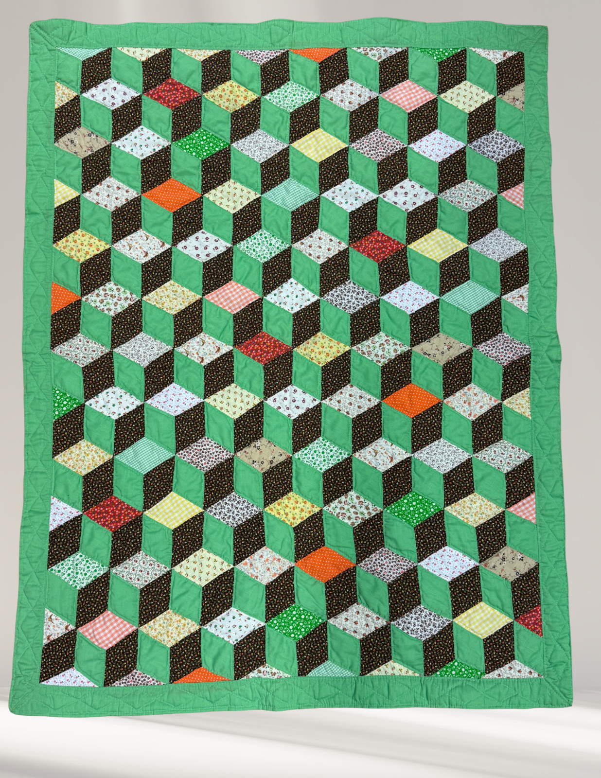 Vintage Handmade Tumbling Blocks Baby Quilt Green Patchwork Calico Crib Nursery