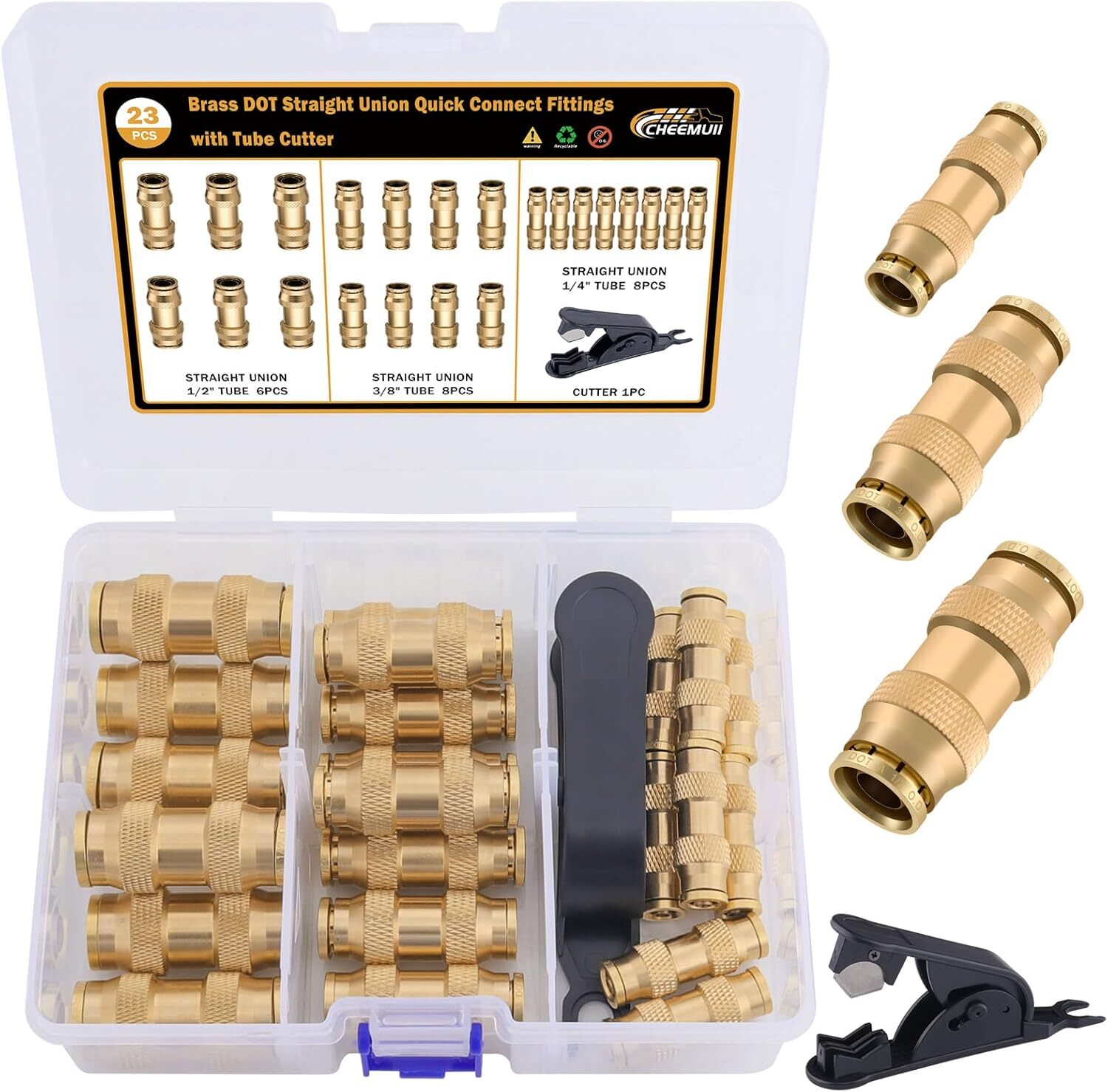 23 PCS Brass DOT Air Line Fittings Kit 1/4 3/8 1/2 DOT Quick Connect Air Fitting 23 PCS Brass DOT Air Line Fittings Kit 1/4 3/8 1/2 DOT Quick Connect Air Fitting