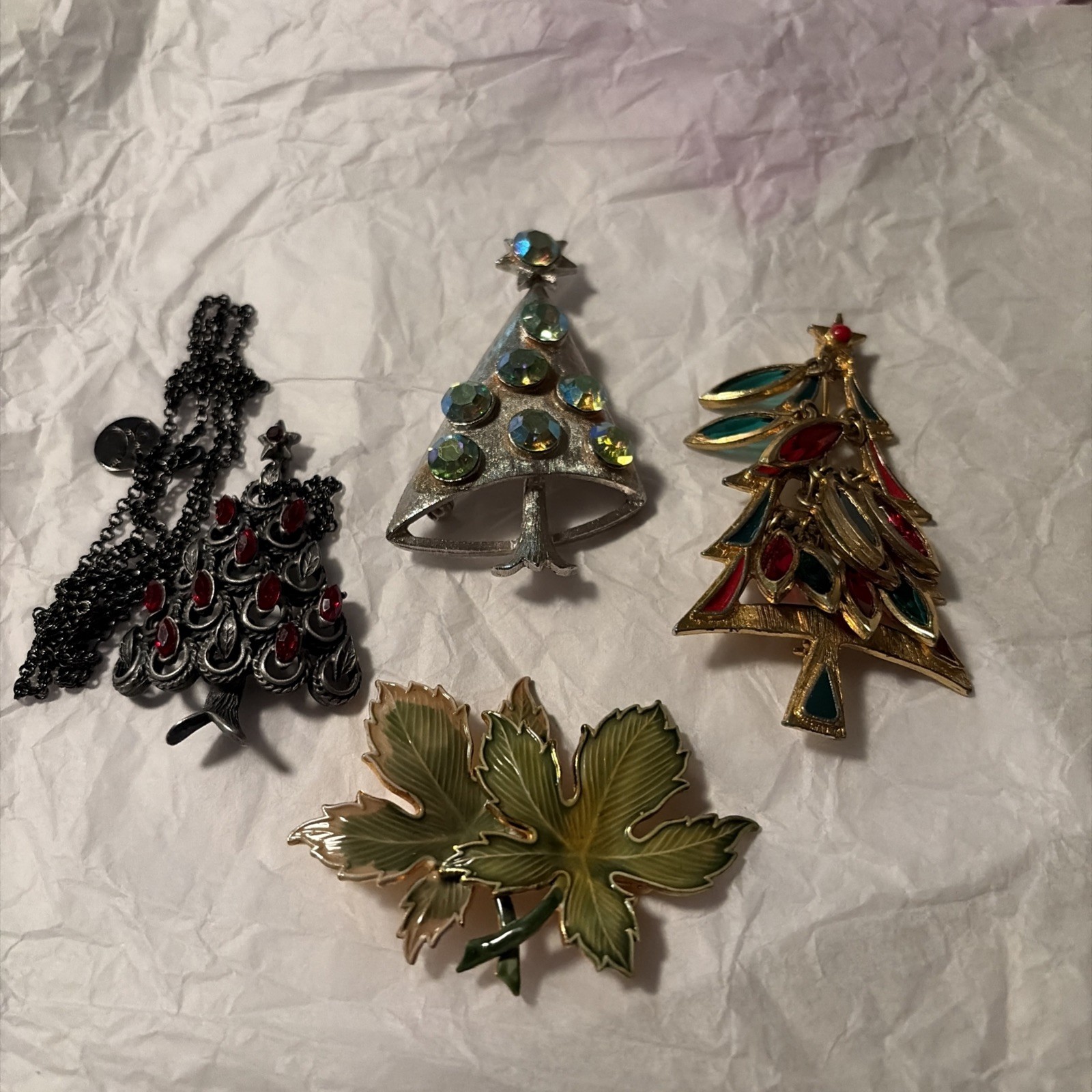 Vintage Lot Of Signed Christmas Tree & Leaf Brooch Pins-Necklace Mylu-Tancer ll