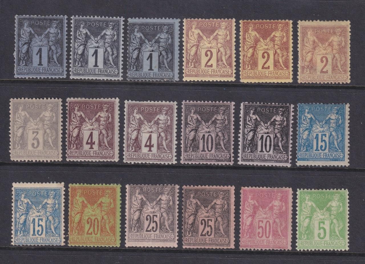 France 1877 - 1890 Peace & Commerce Stamps MM. Values to 50c. Cat approx £935.