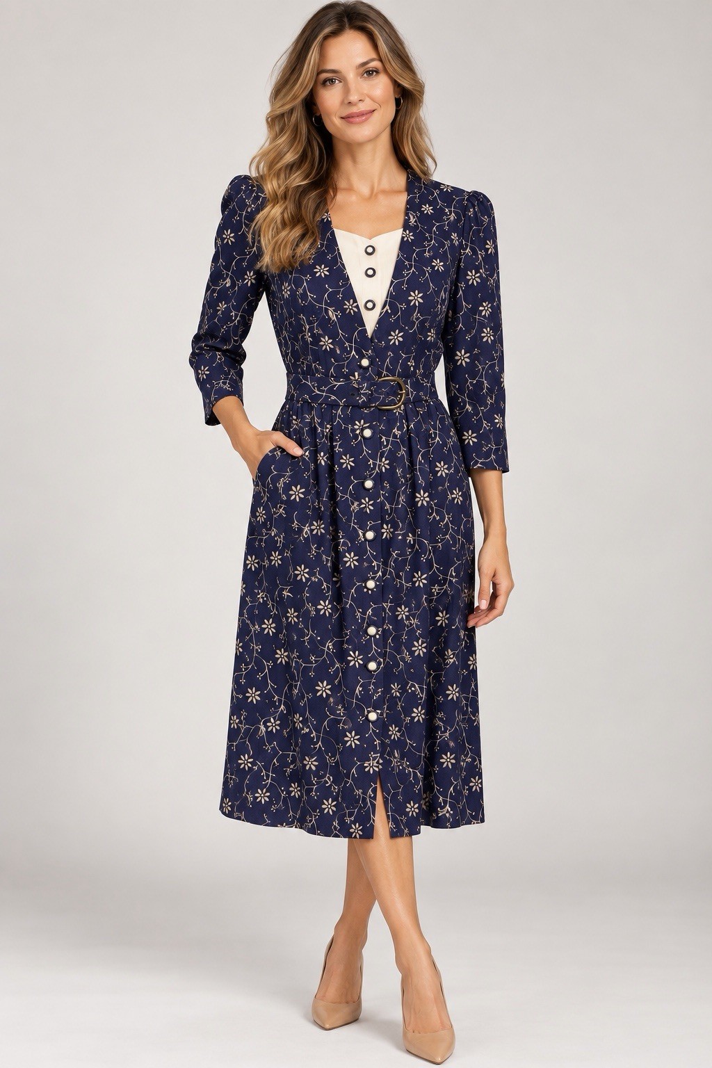 Vtg 80s Peri Petites Navy Shirt Dress Sz 8P Belt 3/4 Puff Sleeves Retro 1940s Vtg 80s Peri Petites Navy Shirt Dress Sz 8P Belt 3/4 Puff Sleeves Retro 1940s