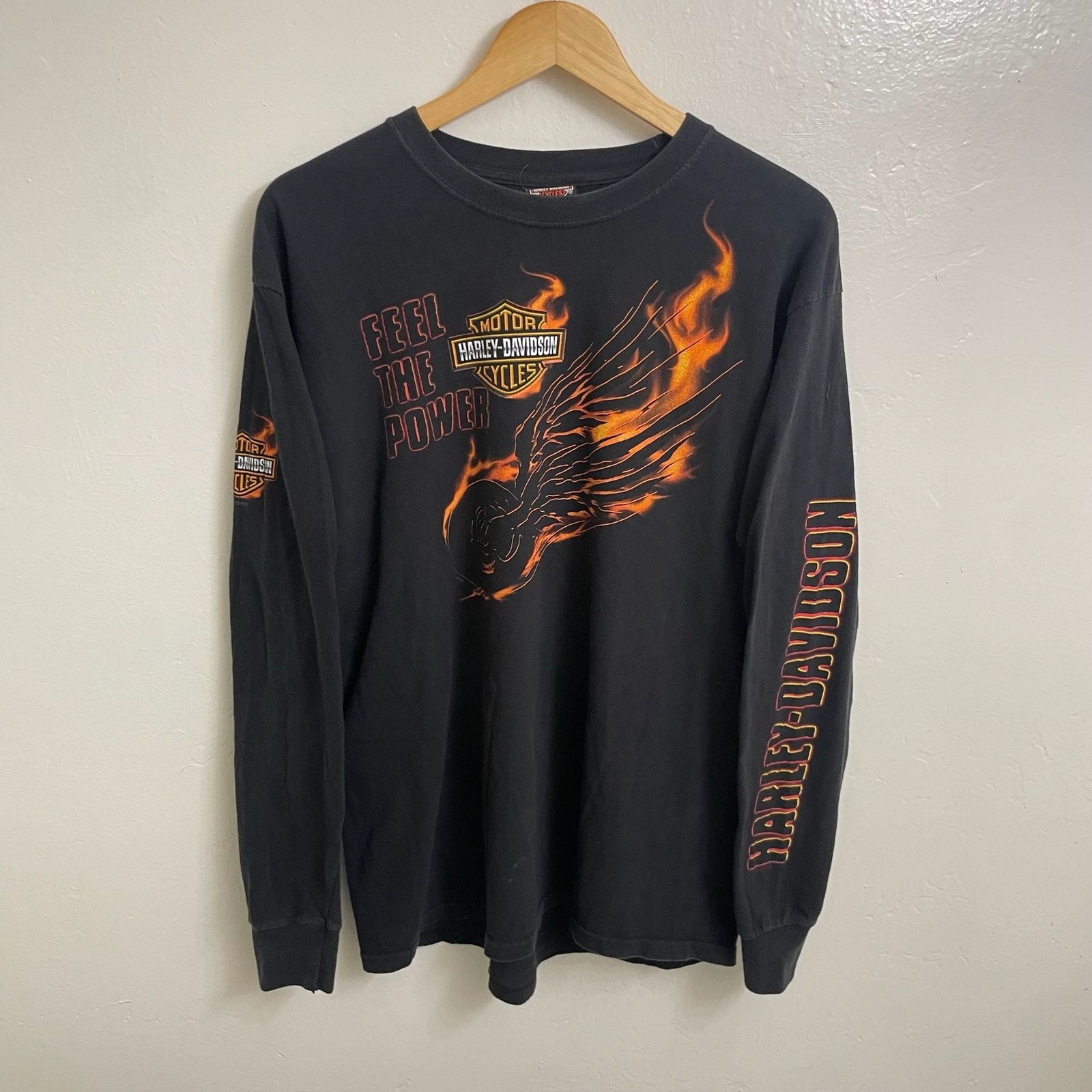 Vintage 2000s Harley Davidson Feel The Power Flaming Long Sleeve Shirt Black Vintage 2000s Harley Davidson Feel The Power Flaming Long Sleeve Shirt Black