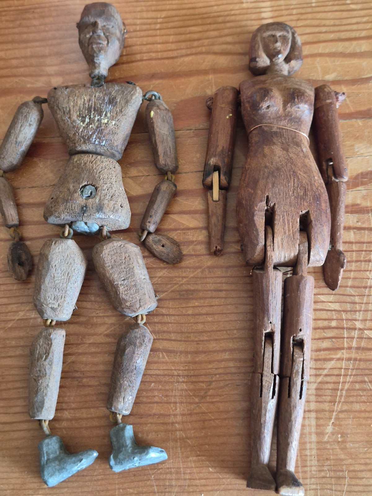 Antique WOODEN Dolls - male (9”  23 cm tall) female (8 3/4