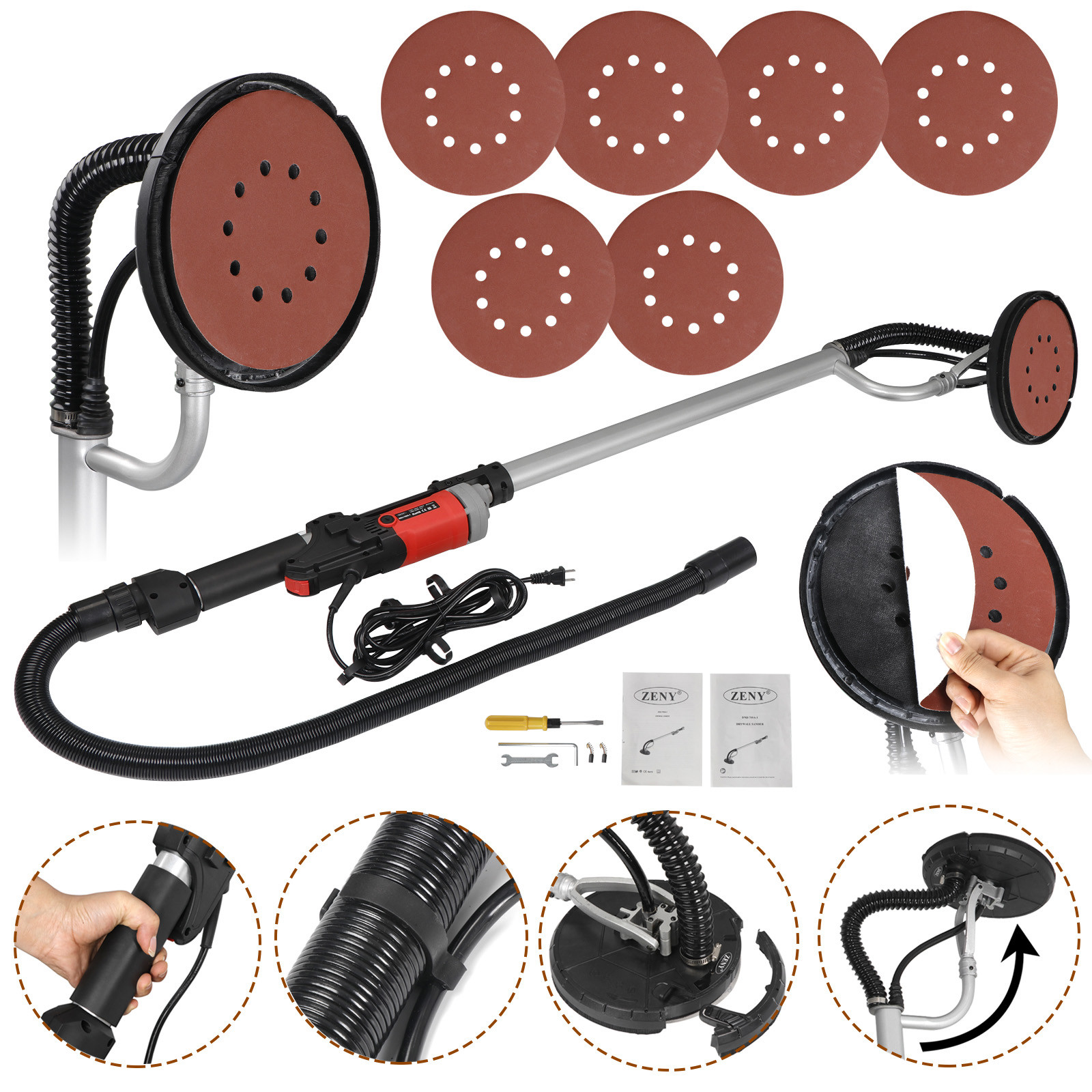 Drywall Sander 800W Electric Wall Sander 6 Variable Speed with 6 Sanding Discs 