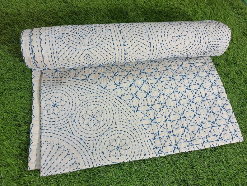 White Blue Embroidered Kantha quilt Fully Handstitched kantha bedspread Throw