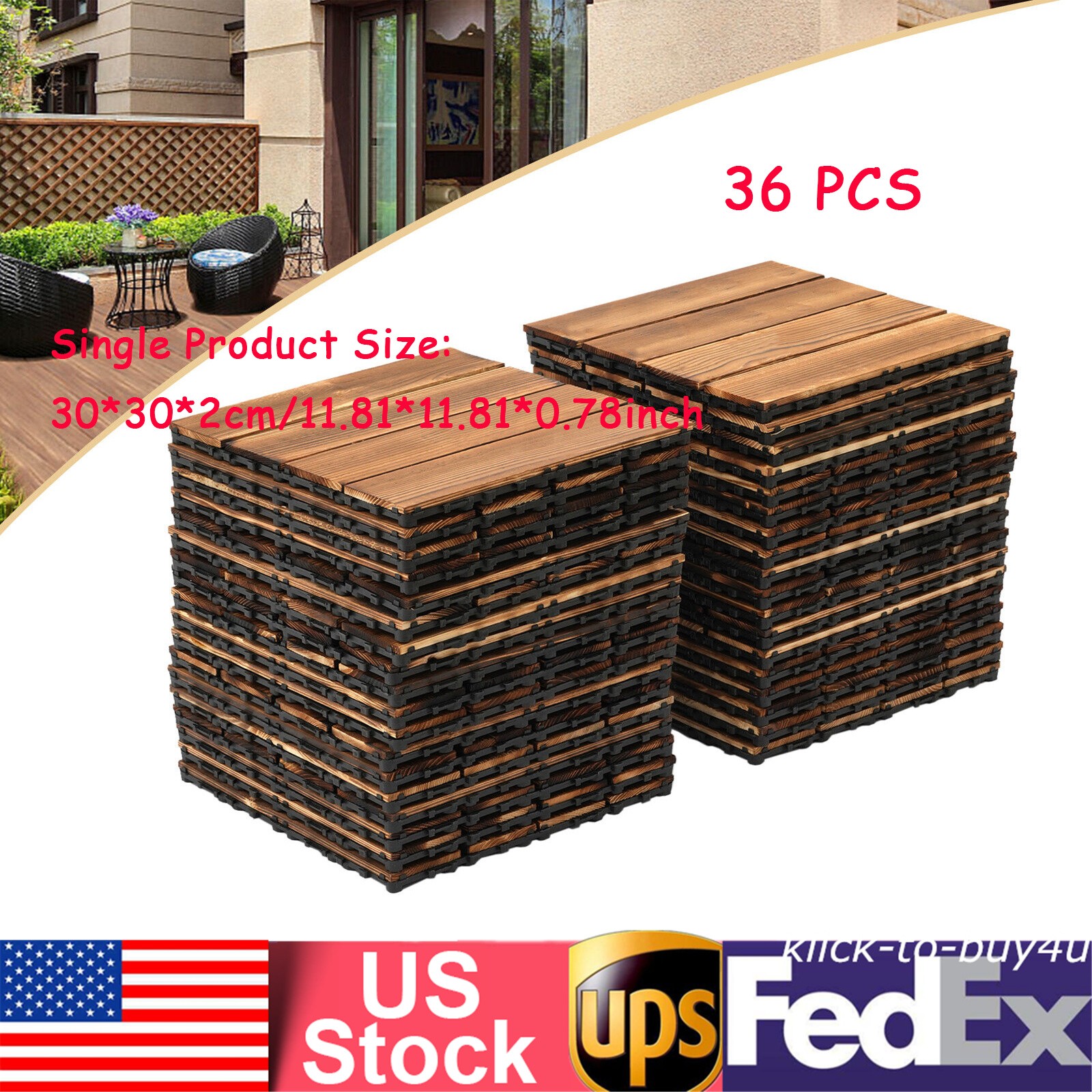 36Pcs Hardwood Interlocking Patio Deck Tiles Wood Flooring DIY Outdoor 12\'\'x12\'\'