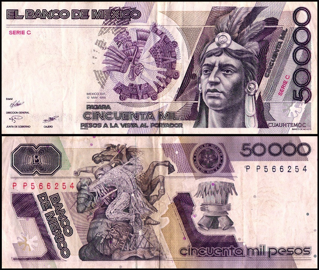 Mexico 50000 Pesos, 1986-1990, P-93, Used Mexico 50000 Pesos, 1986-1990, P-93, Used