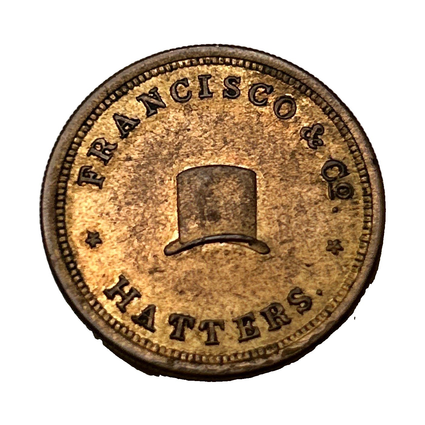 1850\'s Memphis Tennessee Merchant Token Francisco & Co Hatters reeded edge 1850\'s Memphis Tennessee Merchant Token Francisco & Co Hatters reeded edge