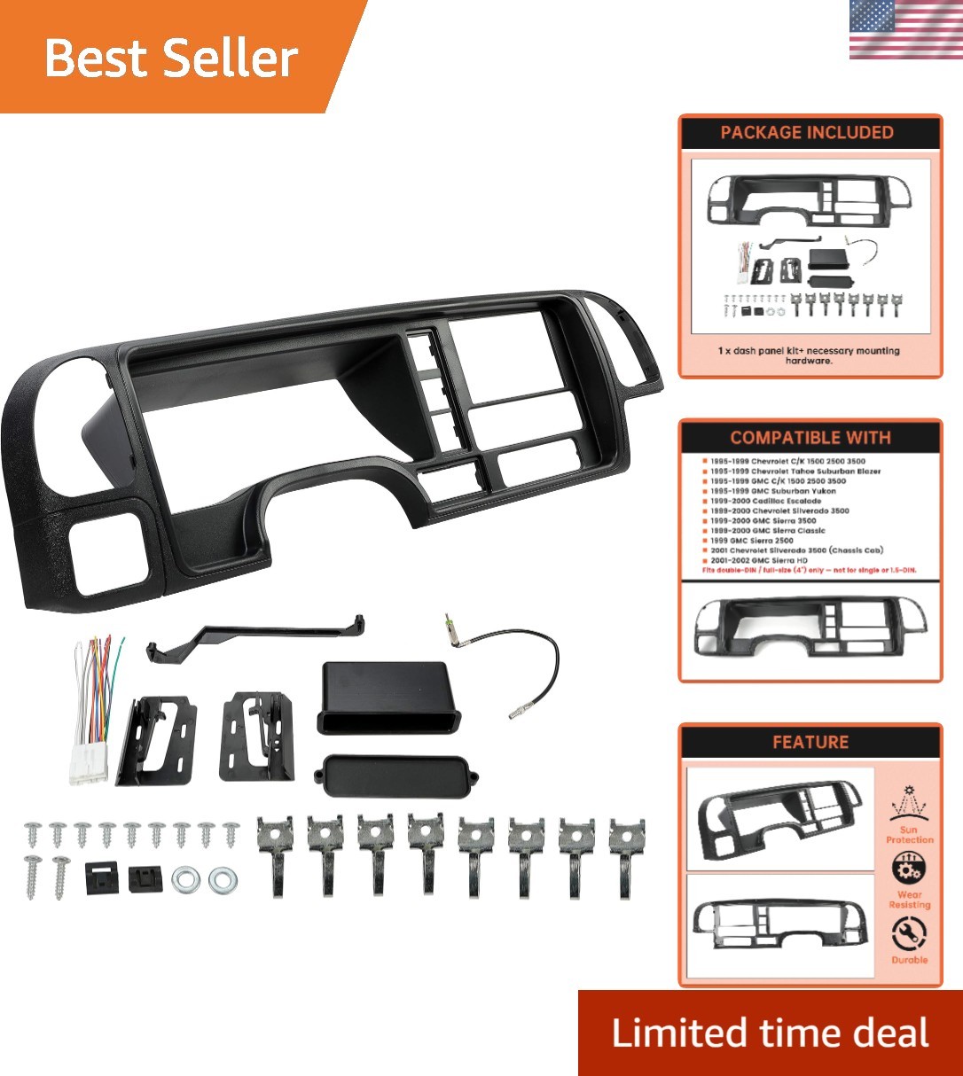 Double Din Dash Panel Compatible with 1995-2002 GMC Truck SUV Radio Stereo Wire