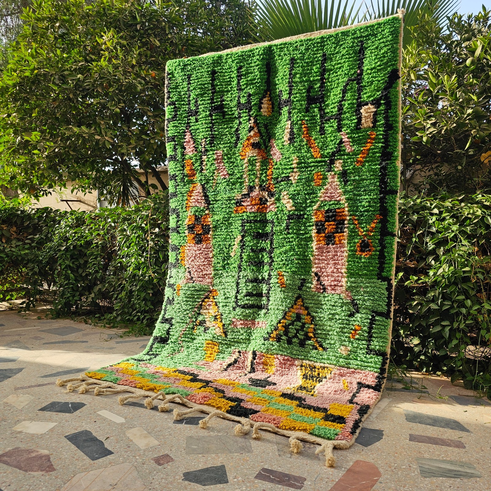 Handmade Green Moroccan Rug, Hand knotted carpet, Playful nursery rug, Boujaad