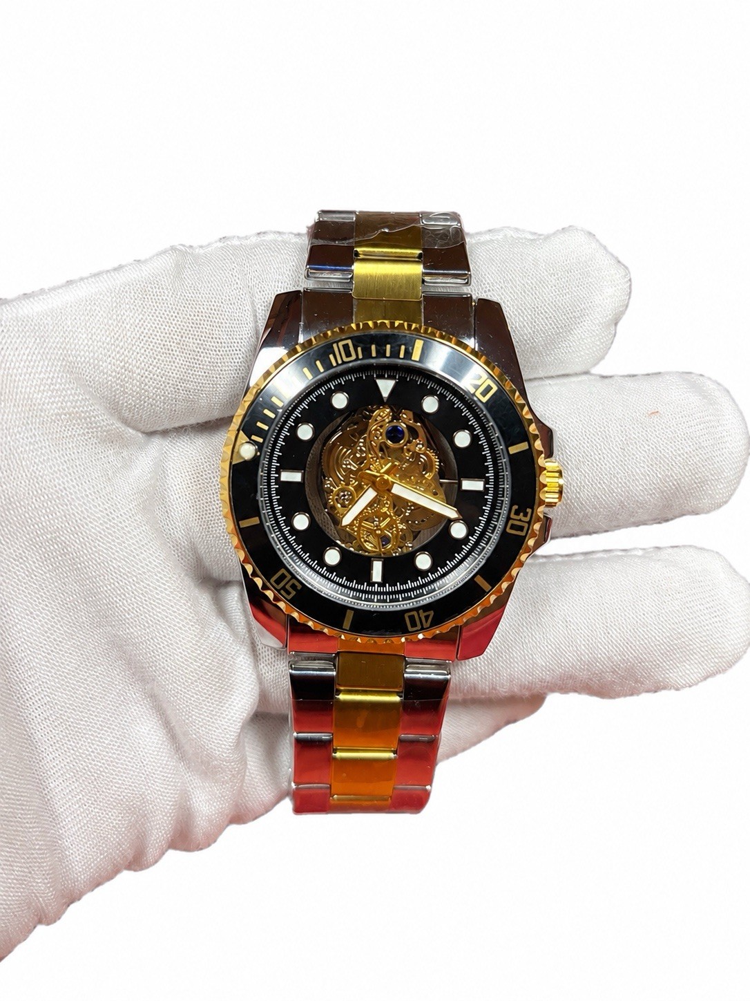 Men’s Two Tone Skeleton Watch Black Gold Bezel Metal Bracelet