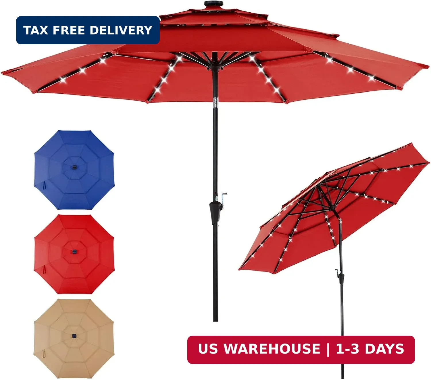 DUMOS 10FT 3-Tier Outdoor Patio Umbrella with 32 LED Lights & Crank, 8 Sturdy Ri