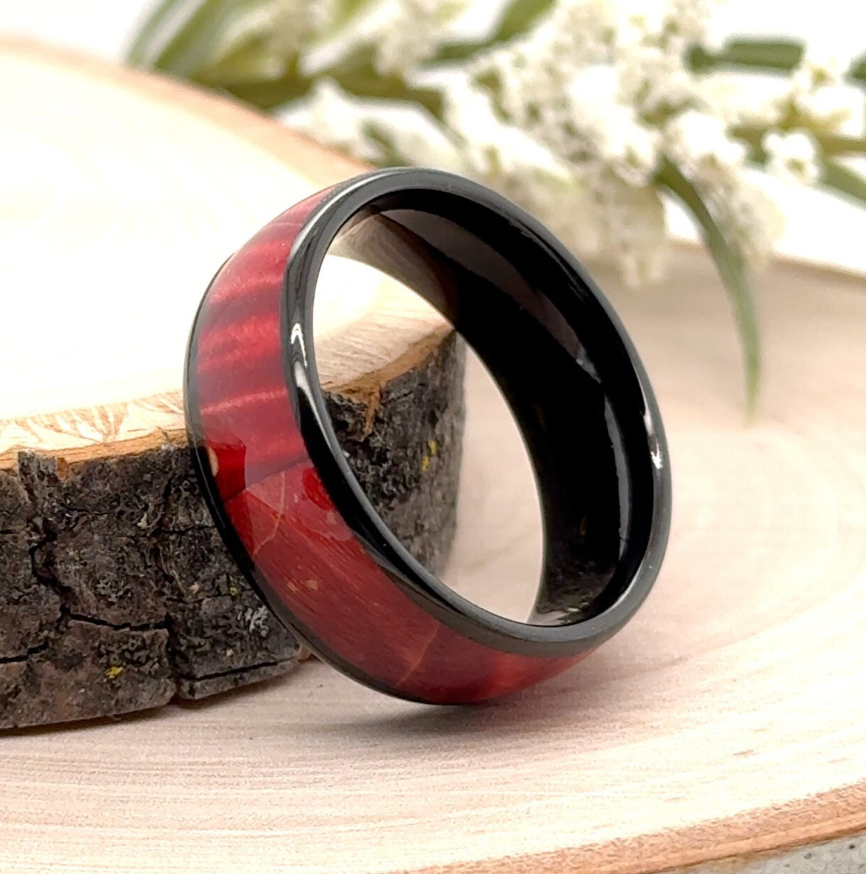 Elegant 8mm Tungsten Carbide Ring Black Finish Featuring Vibrant Red Resin Inlay