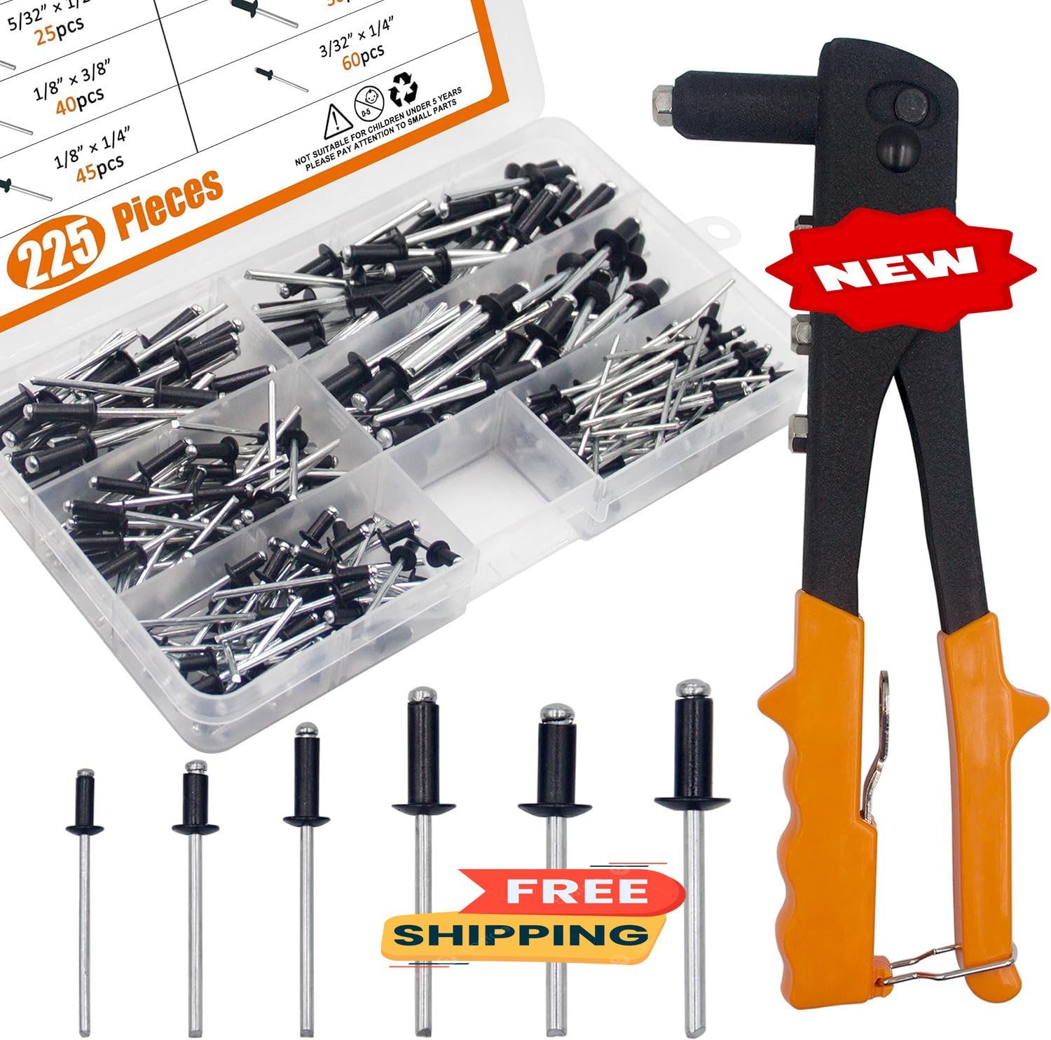 Kit surtido de remaches ciegos de aluminio negro de 225 piezas con herramienta d Kit surtido de remaches ciegos de aluminio negro de 225 piezas con herramienta d
