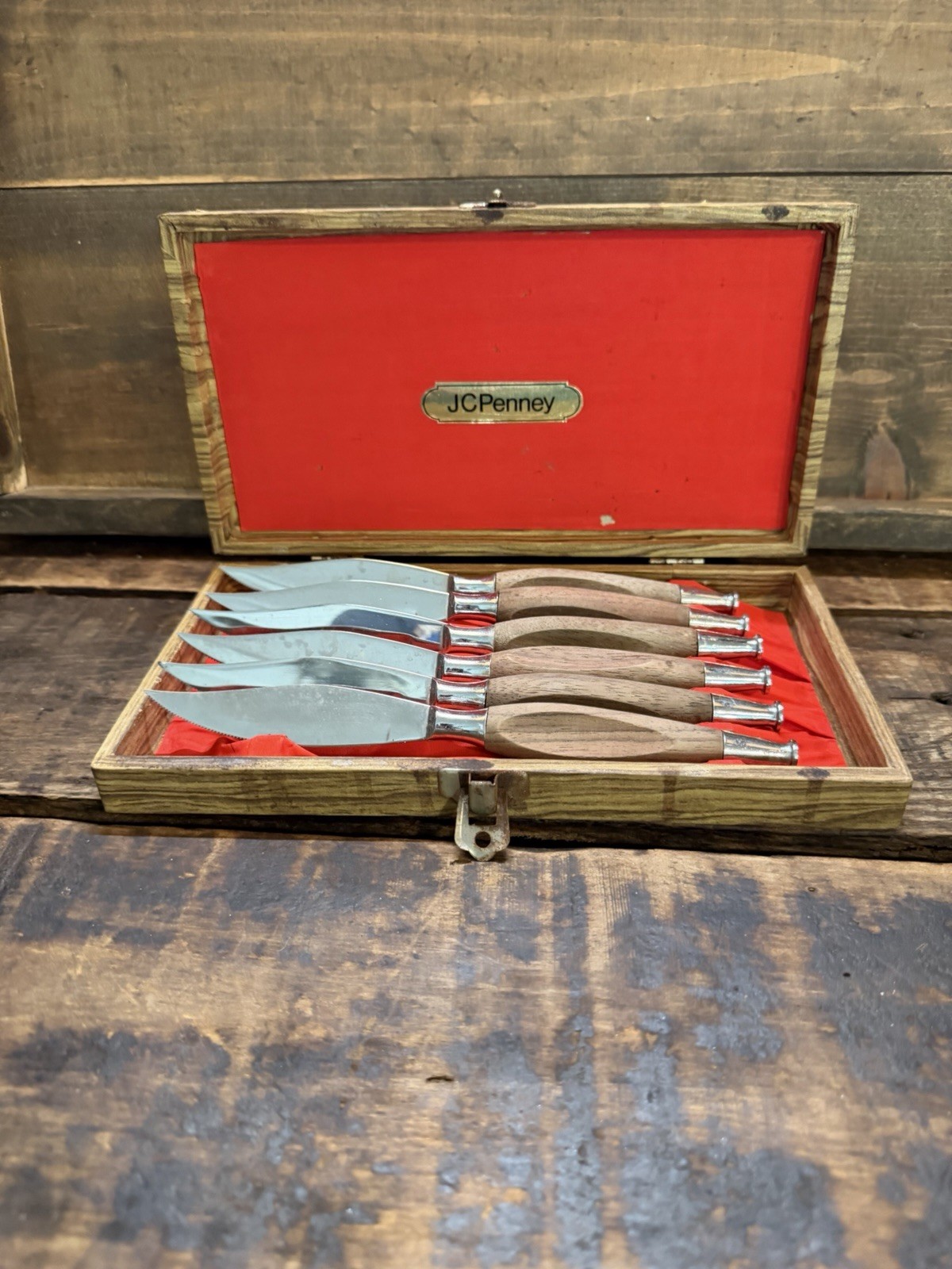 Vintage JC Penney Steak Knife Set 6 Wood Handle Japan w/ Case