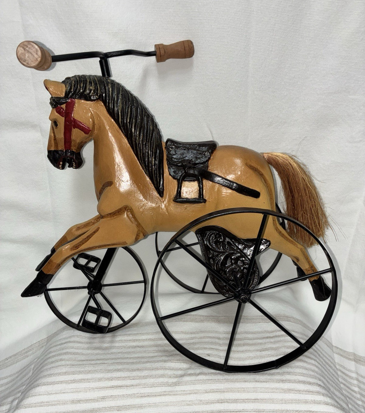 Antique Hand-Carved Wooden Horse Tricycle Display with Cast Iron Wheels Antique Hand-Carved Wooden Horse Tricycle Display with Cast Iron Wheels